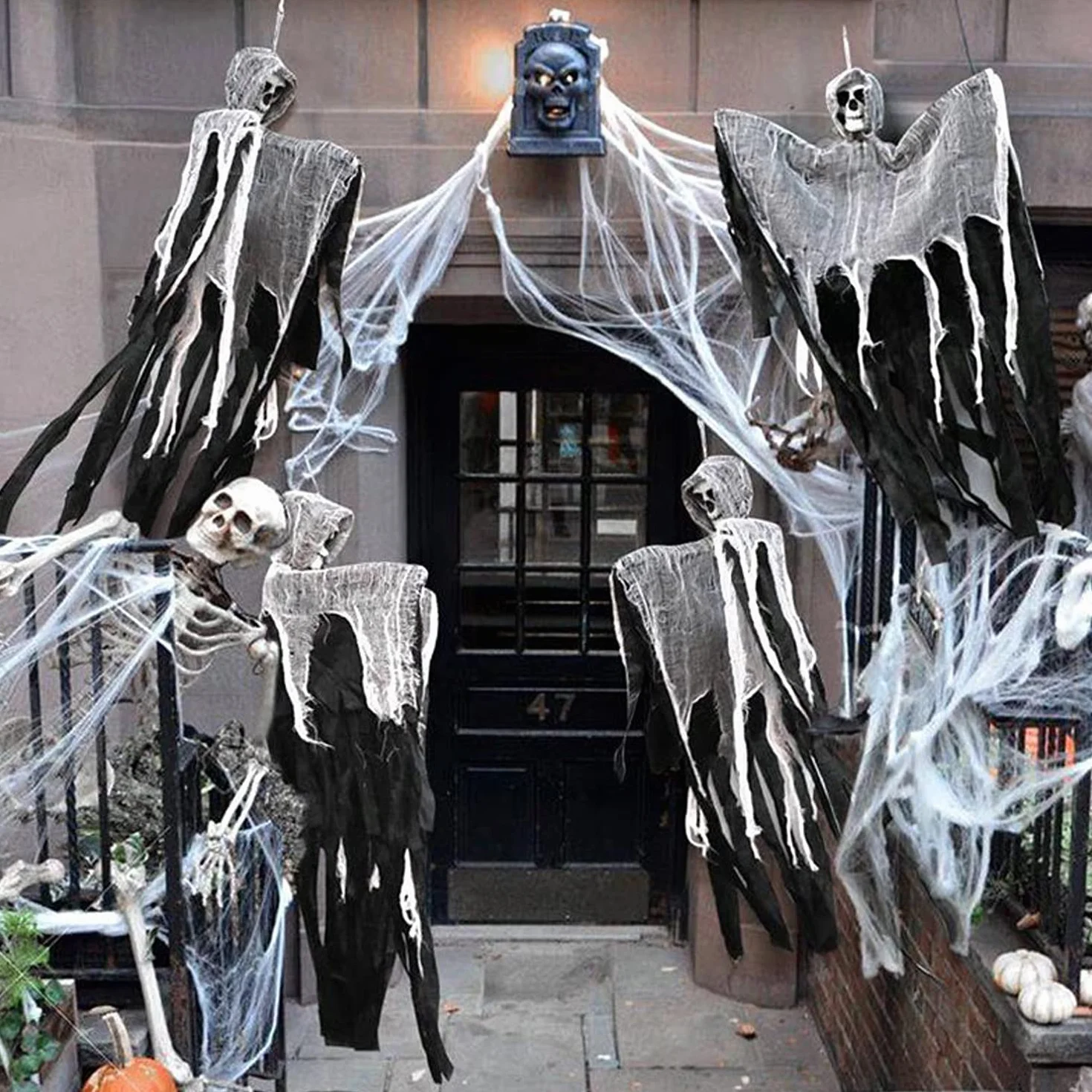 TRIXES Wiszący duch - dekoracje na drzwi - wisząca czaszka - Halloween - ogród dla domu - ganek - czarne drzwi wejściowe - 3 szt