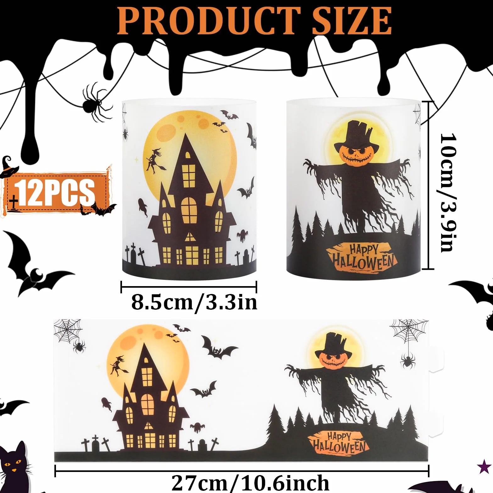 12 sztuk lampionów dekoracja stołu na Halloween, dekoracja stołu, nietoperze, czarownica, pajęczyny, zamki na Halloween, dekoracja świec, do wewnątrz i na zewnątrz