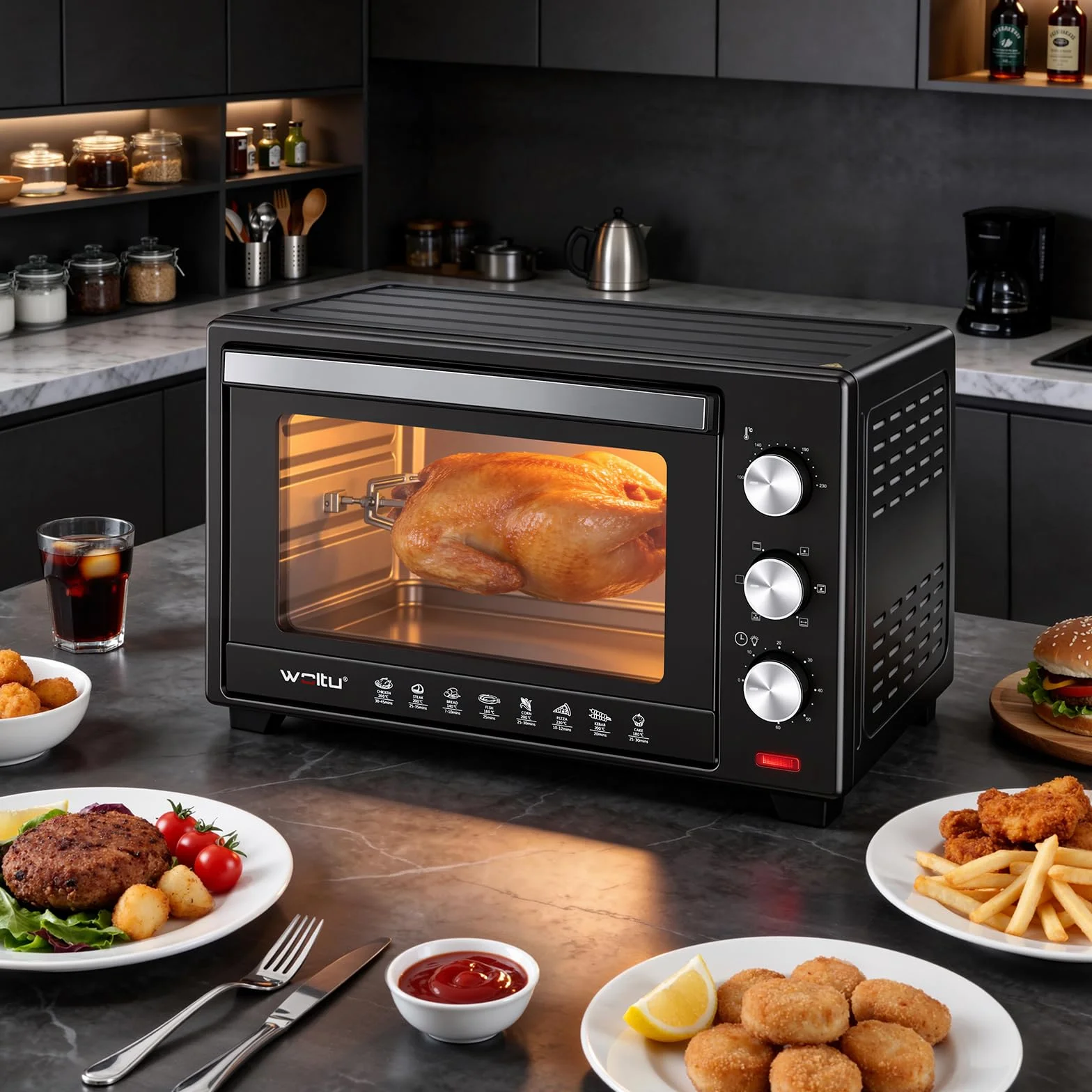 WOLTU mini piekarnik 32 litry, toster 1600 Watt | Piec do pizzy | Wyjmowana tacka na okruchy z minipiekarnikiem z timerem do pizzy, tostów, indyka, hot-dogów, czarnych
