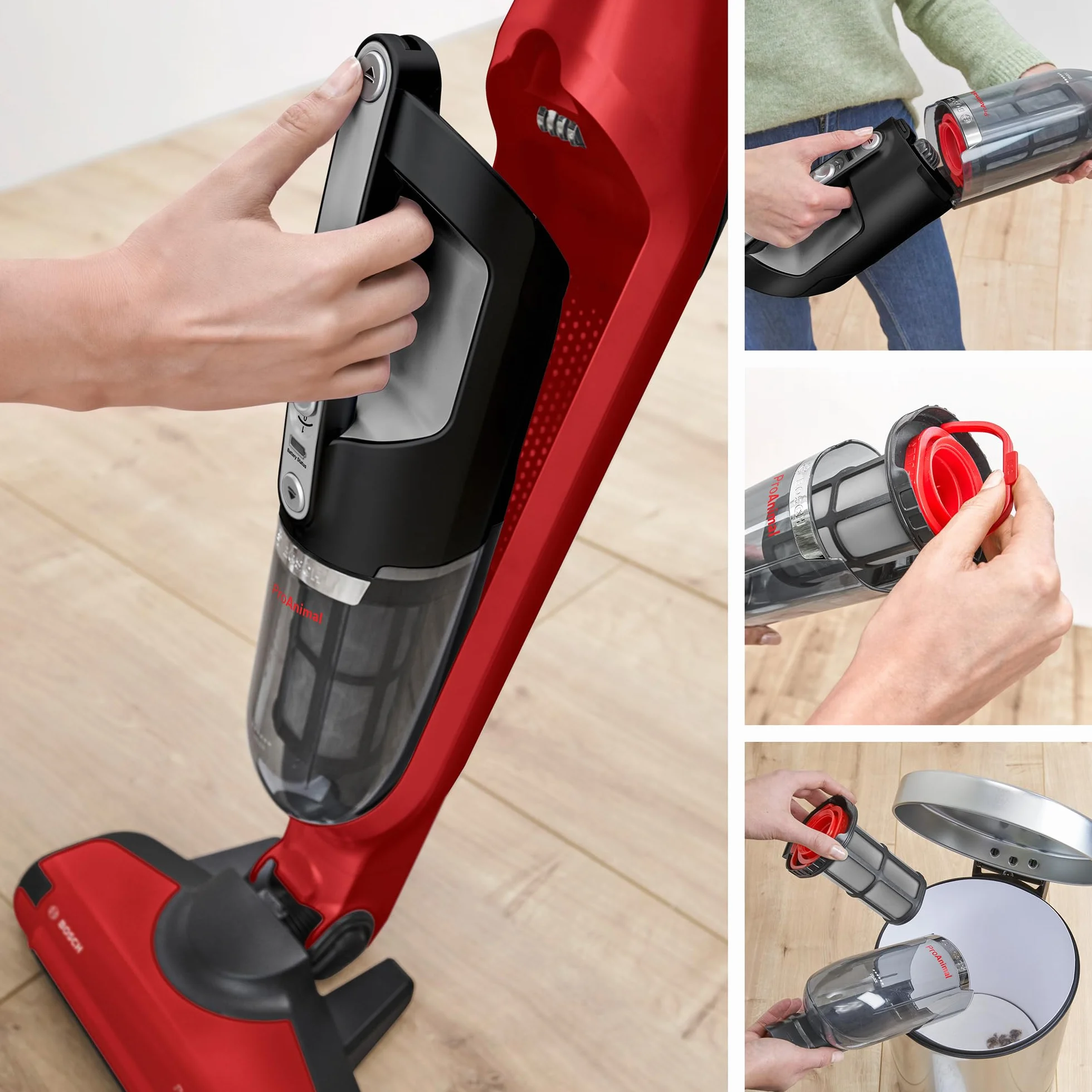 Bosch, Flexxo Gen2 Serie 4, ProAnimal, 28 Vmax, 2w1, bezprzewodowy, bezworkowy odkurzacz ręczny i pionowy, zintegrowane akcesoria dla właścicieli zwierząt, czerwony, BBH3ZOO28