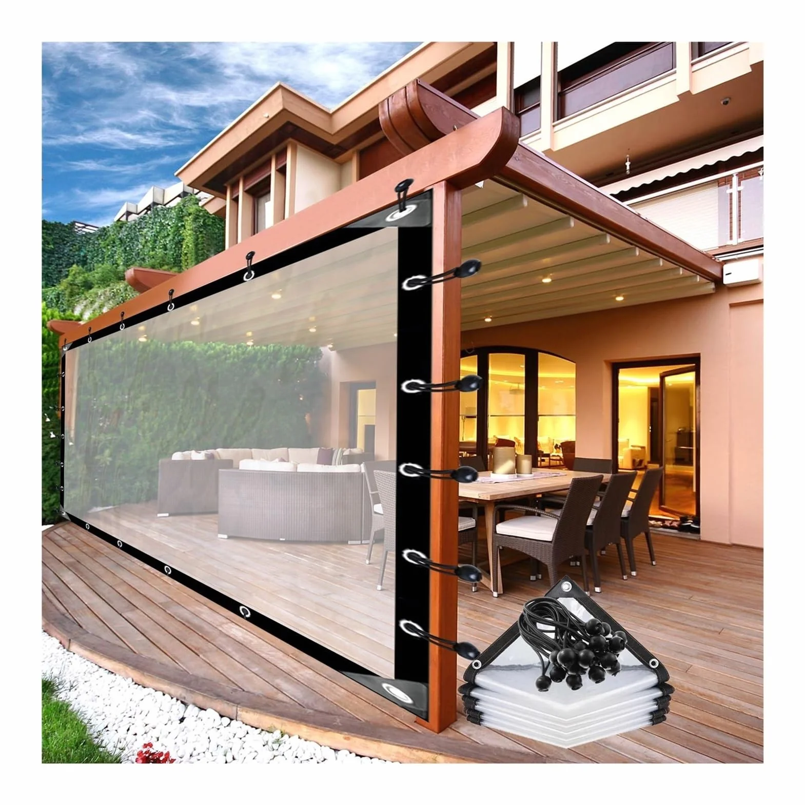 Zewnętrzne Przezroczyste Zasłony Pergola Wodoodporne Panele Boczne Z Oczkami Przezroczysta Plandeka Z Tworzywa Sztucznego, Do Altany, Ogrodów, Konfigurowalny AFGZQ (Color : CLEAR, Size : 6.56x9.84ft