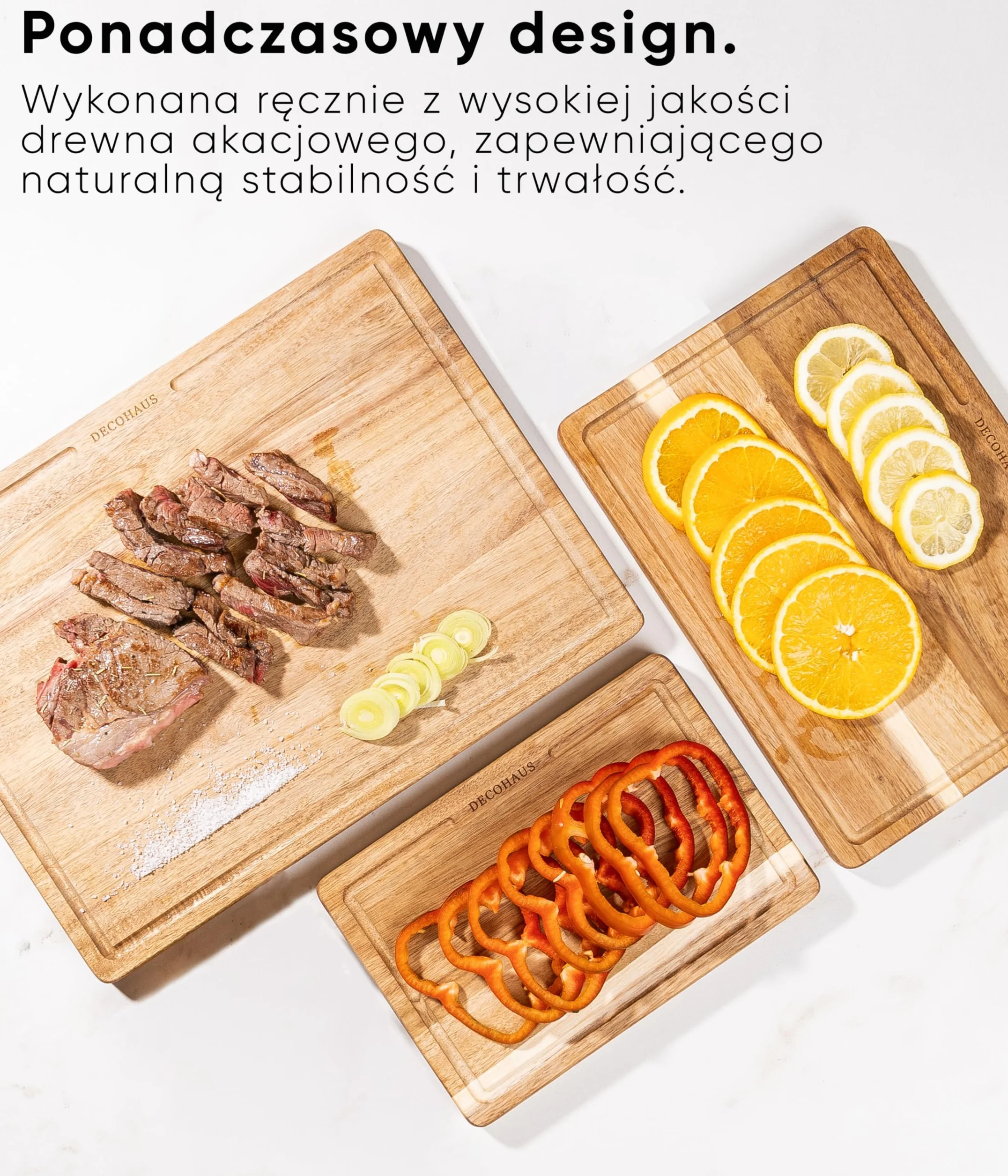 Deco haus Zestaw 3 desek do krojenia z drewna akacjowego 2 cm z rowkiem na sok 40x30 33x24 26x18