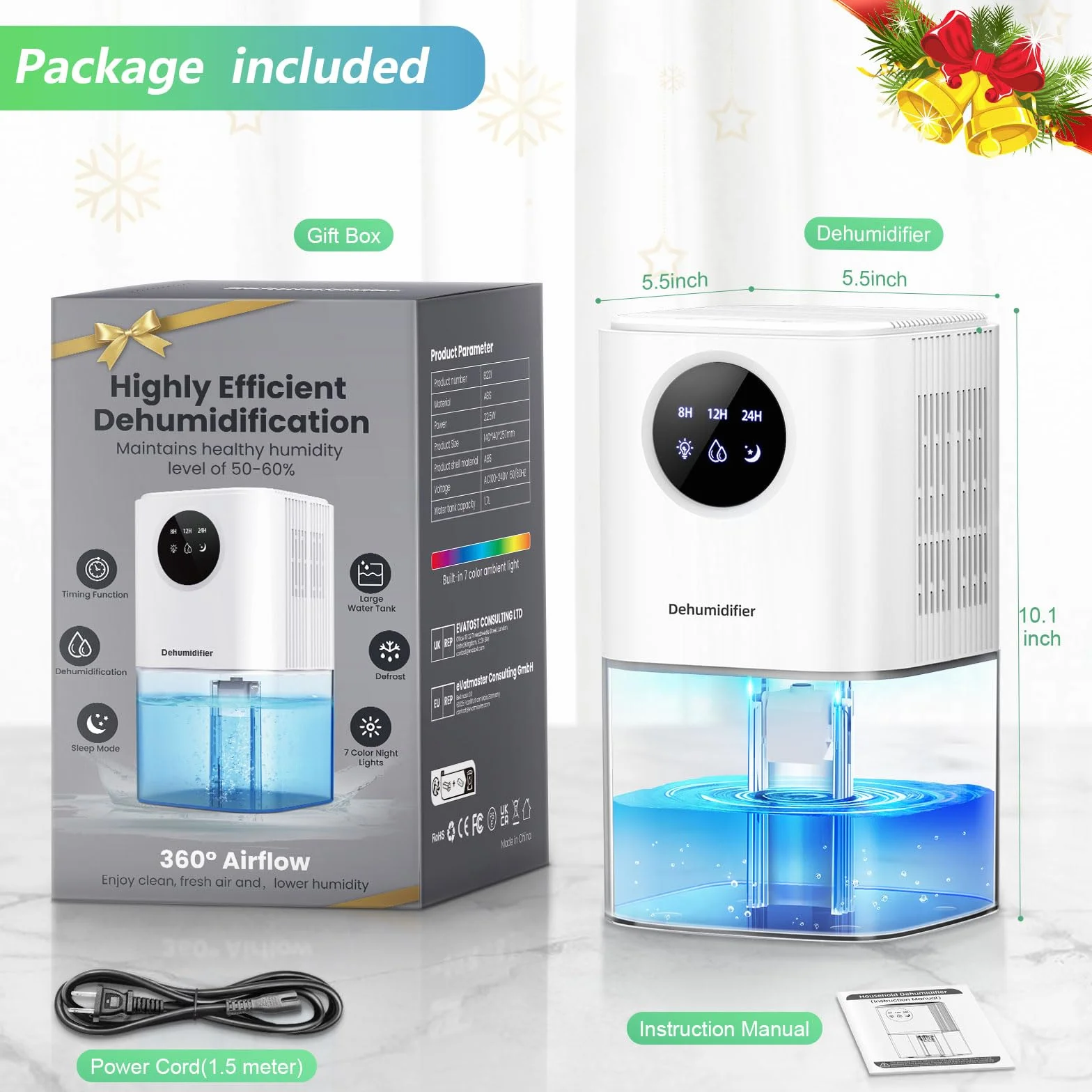 Osuszacz powietrza do domu przeciw pleśni, PKBOSS 1700 ml przenośny elektryczny mini cichy osuszacz powietrza z 7 kolorowymi światłami LED/timer/automatyczne wyłączanie łazienki/pomieszczenie