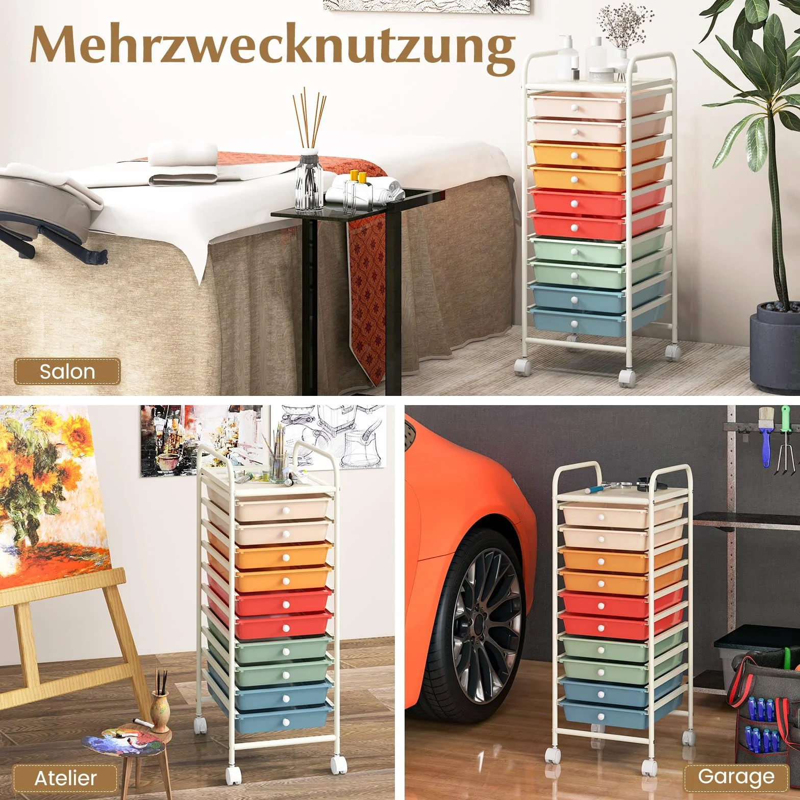 COSTWAY Wózek łazienkowy z szufladami, regał łazienkowy, regał pomocniczy, z 10 szufladami, z możliwością układania w stos, metalowy stelaż (makaronowy)