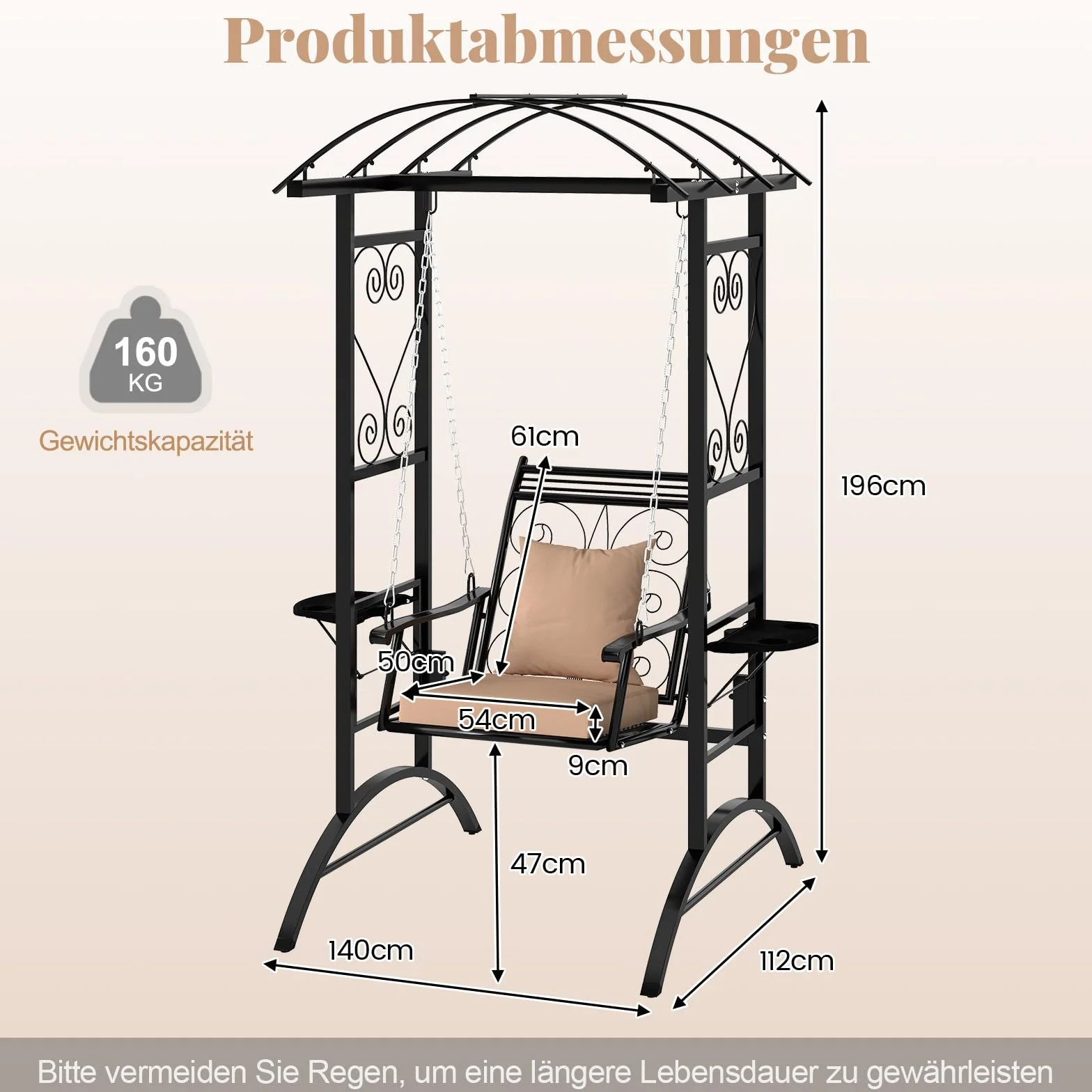 COSTWAY Huśtawka ogrodowa ze stelażem, metalowa huśtawka ogrodowa z 2 kratkami dla roślin pnących, zdejmowanymi poduszkami i stolikami bocznymi, do 160 kg, huśtawka tarasowa do ogrodu, na balkon