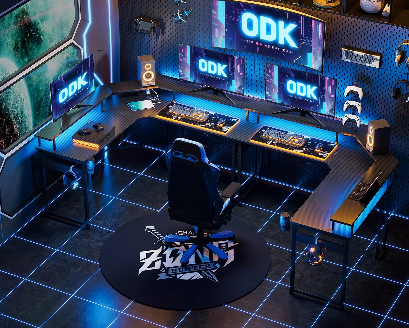 ODK Biurko gamingowy z diodami LED, biurko gamingowe z 2 gniazdami wtykowymi i 2 portami ładowania USB, stolik gamingowy z dużą półką na monitor, czarne włókno węglowe, 129 x 129 cm