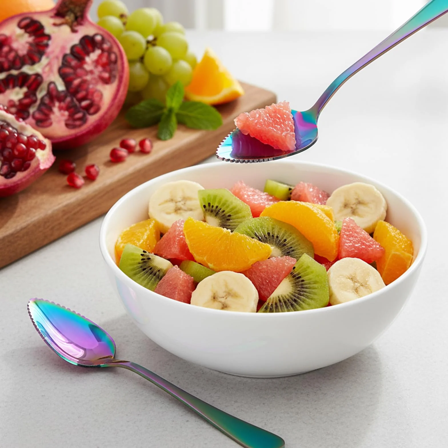 5-częściowy zestaw łyżek grejpfrutowych ze stali nierdzewnej i 1 nóż do grejpfruta, kiwi, łyżka, ząbkowane krawędzie, łyżka do owoców kiwi, jagód, grejpfrutów, jabłek (kolor tęczy)