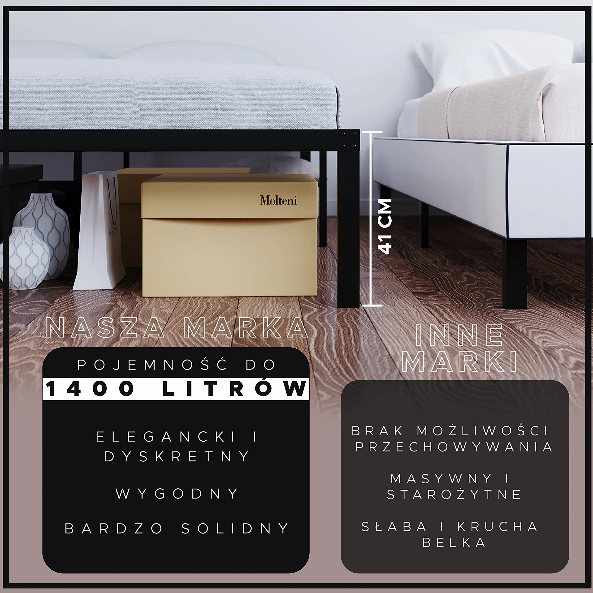 Dreamzie metalowe łóżko – Dla Materaca 90x200 cm - łóżko do materaca, podwójne, wytrzymałe, łatwy montaż, obszerne miejsce do przechowywania – czarny stelaż