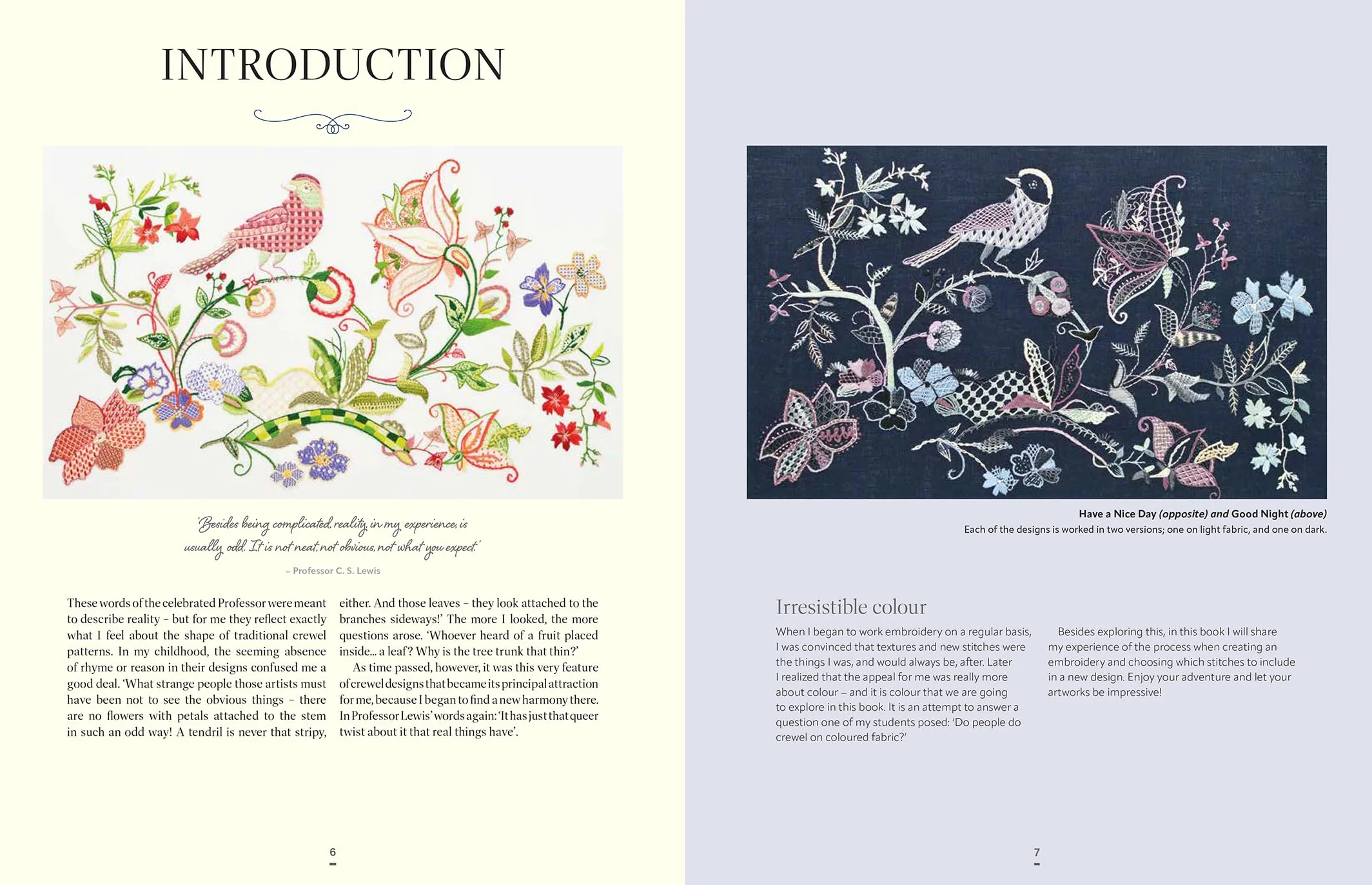 Contrast in Crewel Embroidery: Modern Designs Stitched on Light and Dark