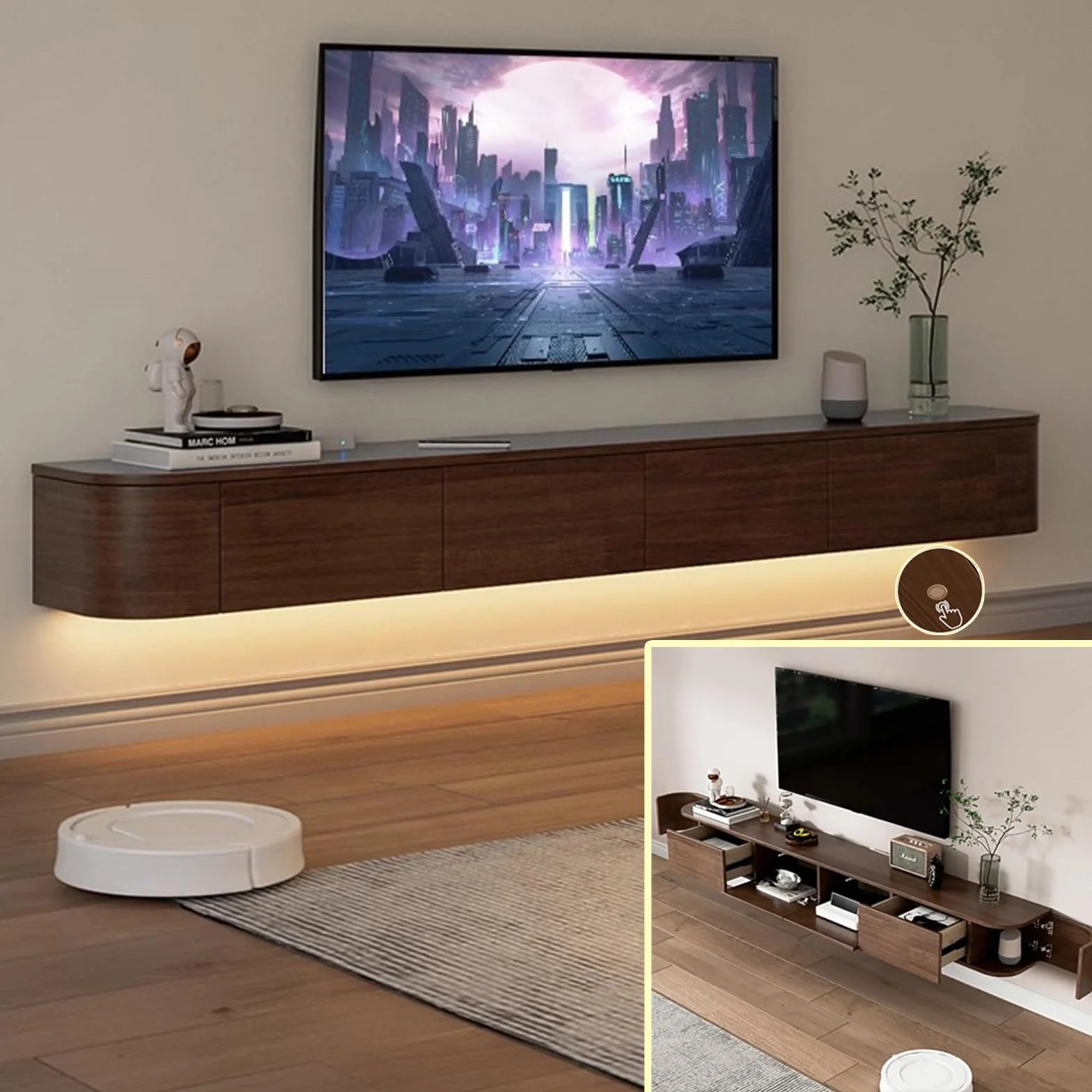 Pływająca konsola telewizyjna, szafka ścienna, szafka do przechowywania, szafka pod telewizor z szufladami i routerem (brązowa B + LED, 200 x 20 x 30 cm)