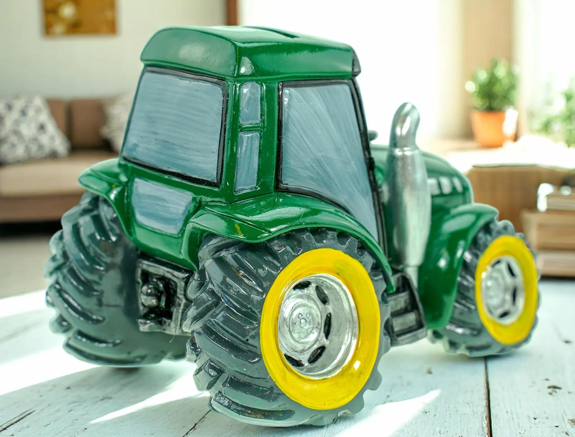 Kremers Schatzkiste Zielona skarbonka, traktor, ręcznie malowana, 16 cm, figurka, farma, prezent dla dzieci i dorosłych, prezent w stylu rolniczym, w stylu komiksowym