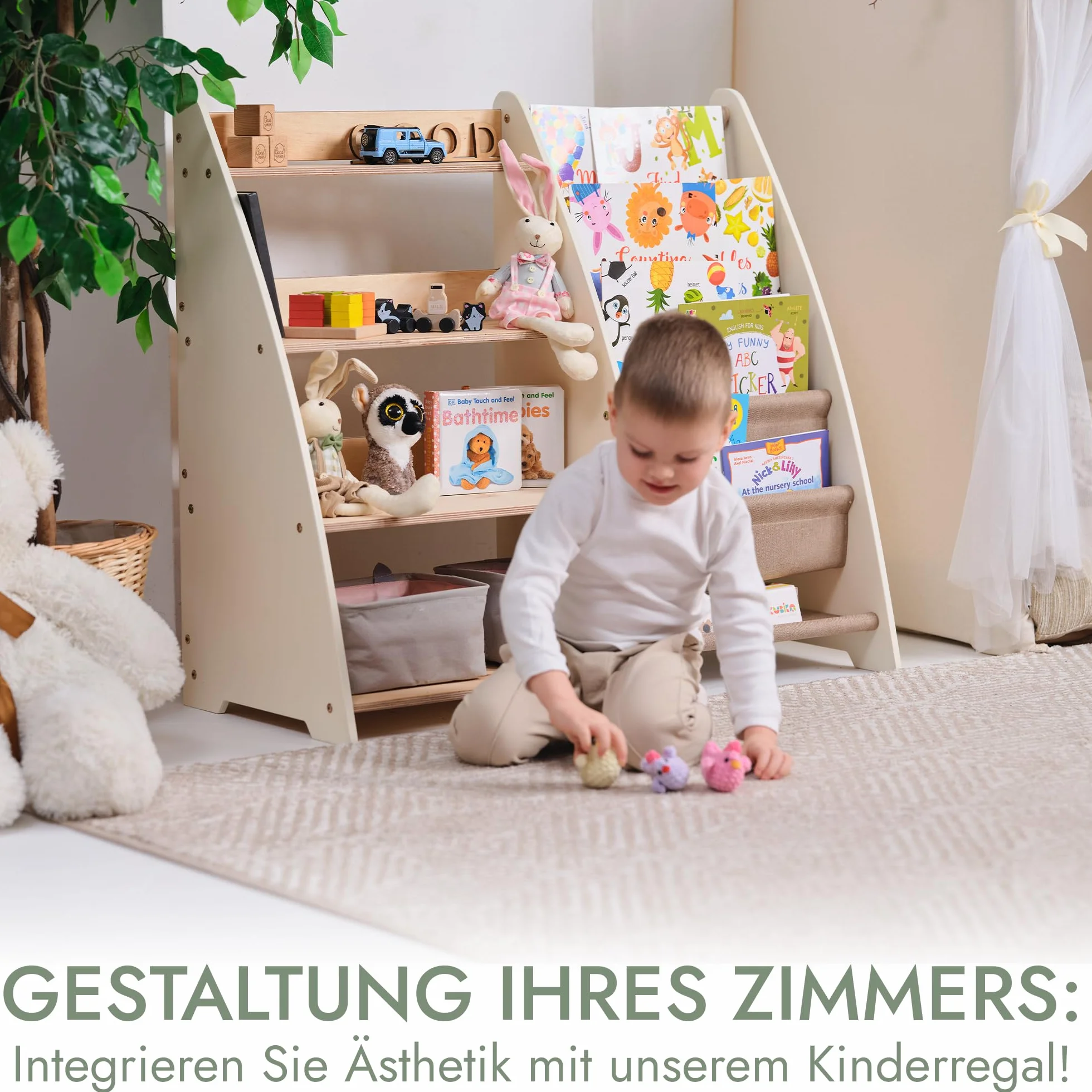 Goodevas Regał na książki dla dzieci – stylowy drewniany regał na książki dla dzieci o unikalnych wzorach, bezpieczny i funkcjonalny organizer na zabawki do sypialni, pokoju zabaw i pokoju dziecięcego