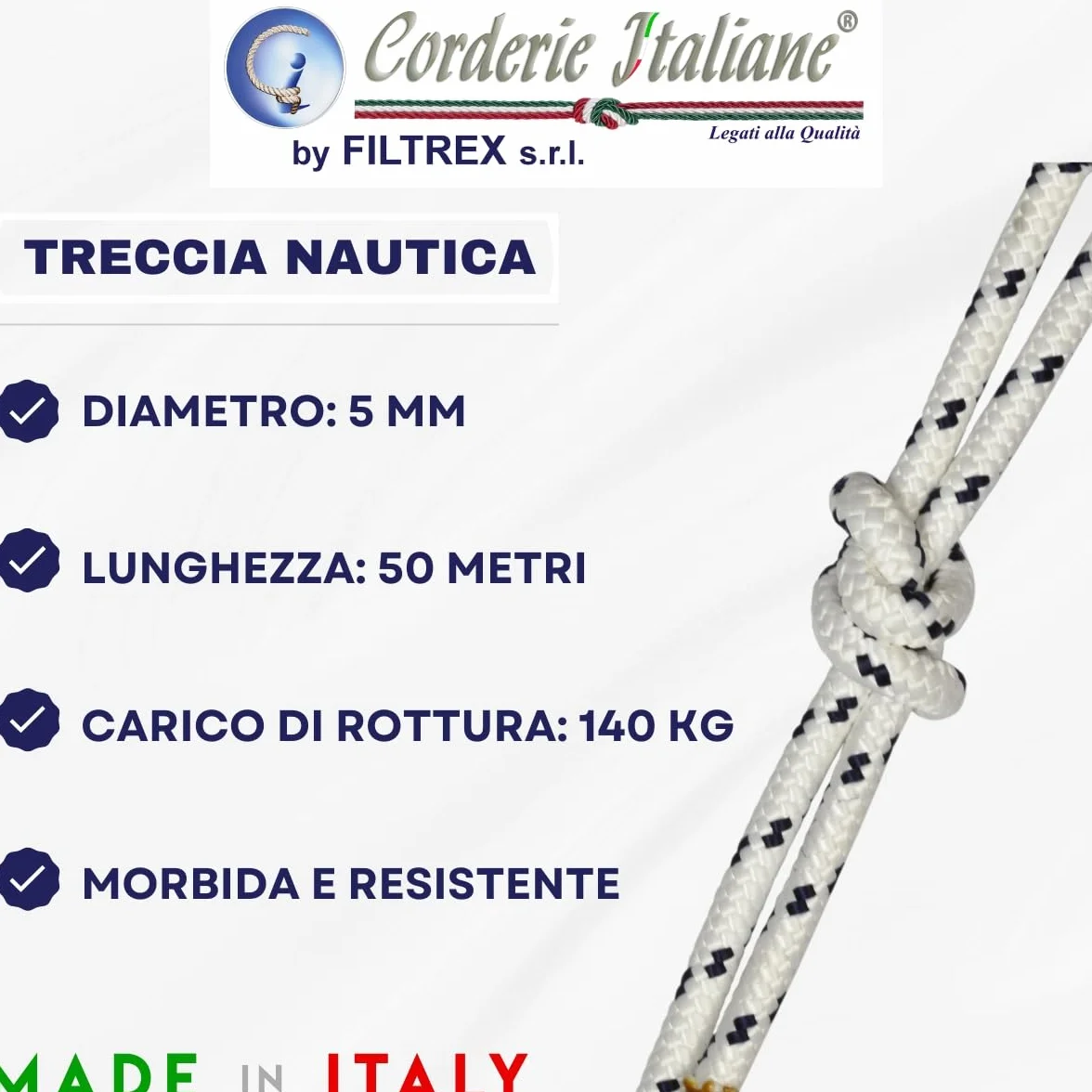 Corderie Italiane 006091677 Pleciona lina żeglarska, 5 mm, 50 metrów, biały z niebieskim znacznikiem