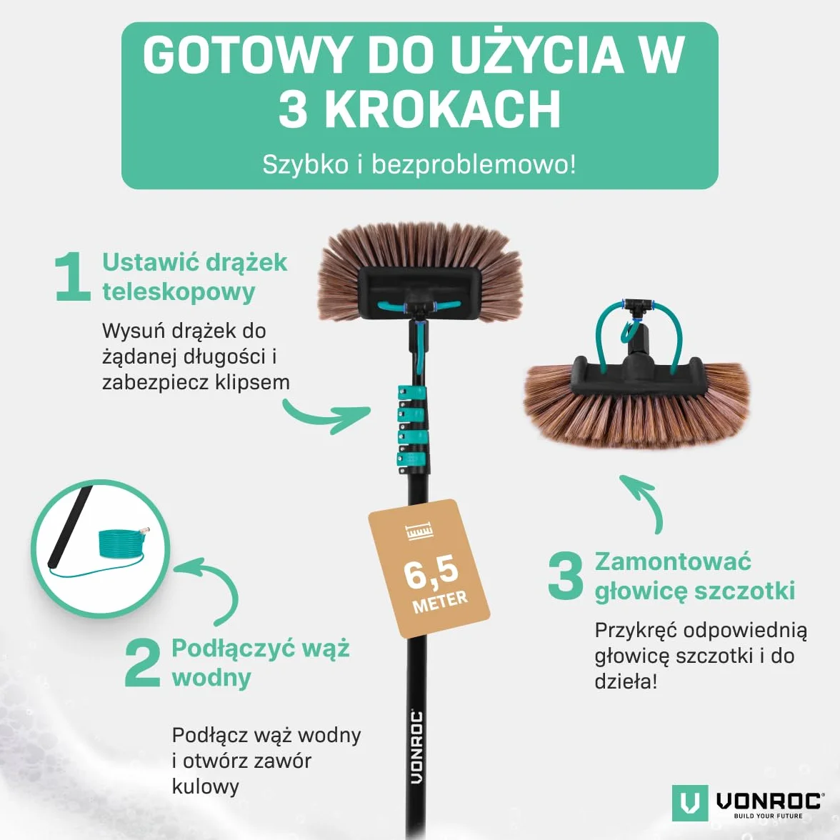 VONROC Teleskopowa Szczotka do Mycia 6,5m Regulowana Myjka z Wężem 9m