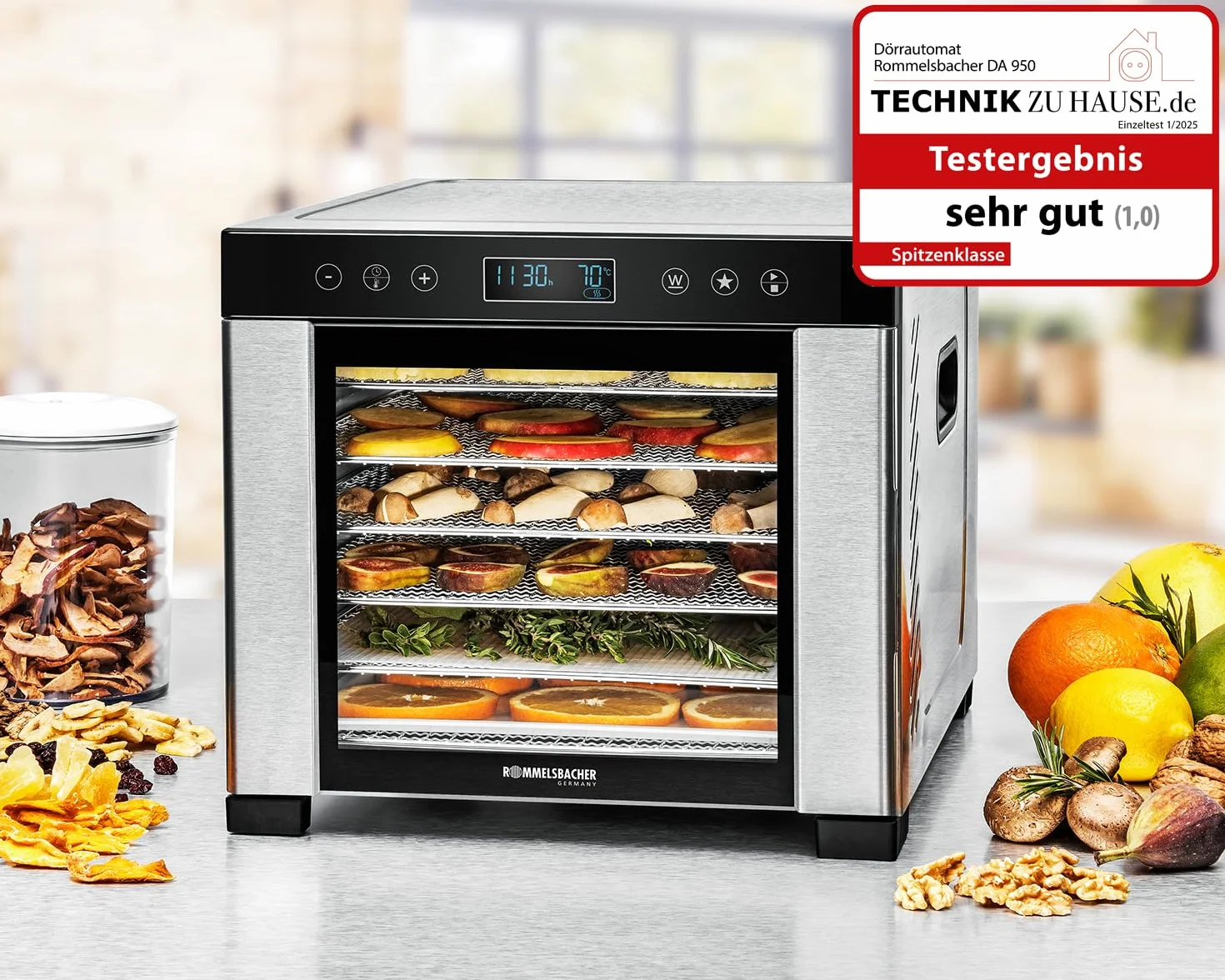 ROMMELSBACHER DA 950 suszarka do włosów, powierzchnia suszenia 0,6 m², 6 tac ze stali nierdzewnej, funkcja utrzymania ciepła, program ulubiony, programator czasowy 99 h, regulacja temperatury (35 °C –