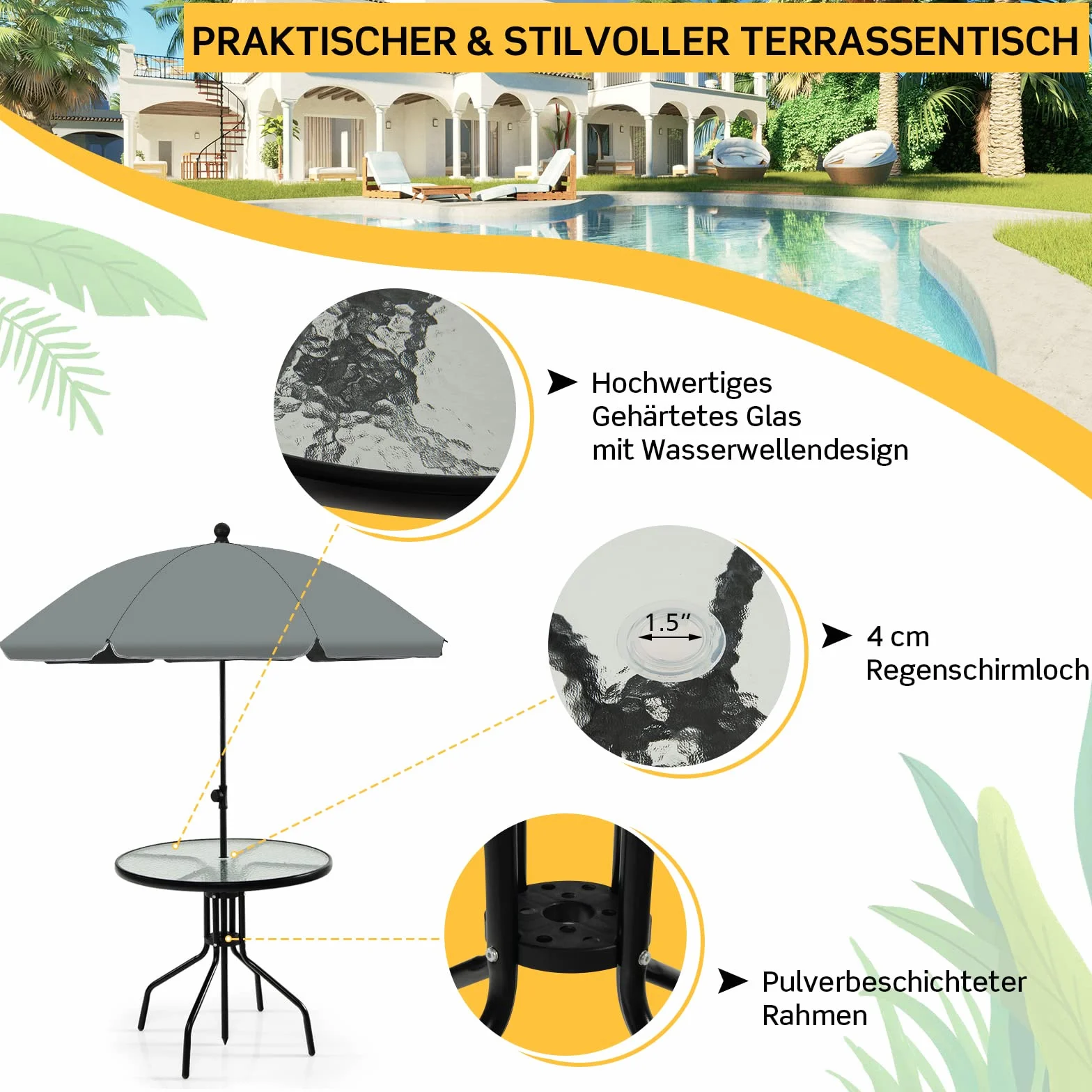 GOPLUS Zestaw krzeseł ogrodowych, 4 krzesła ogrodowe ze stołem ze szkła i parasolem patio, odporne na ścieranie i oddychające materiały, składane krzesła, zestaw mebli ogrodowych na balkon, taras, do