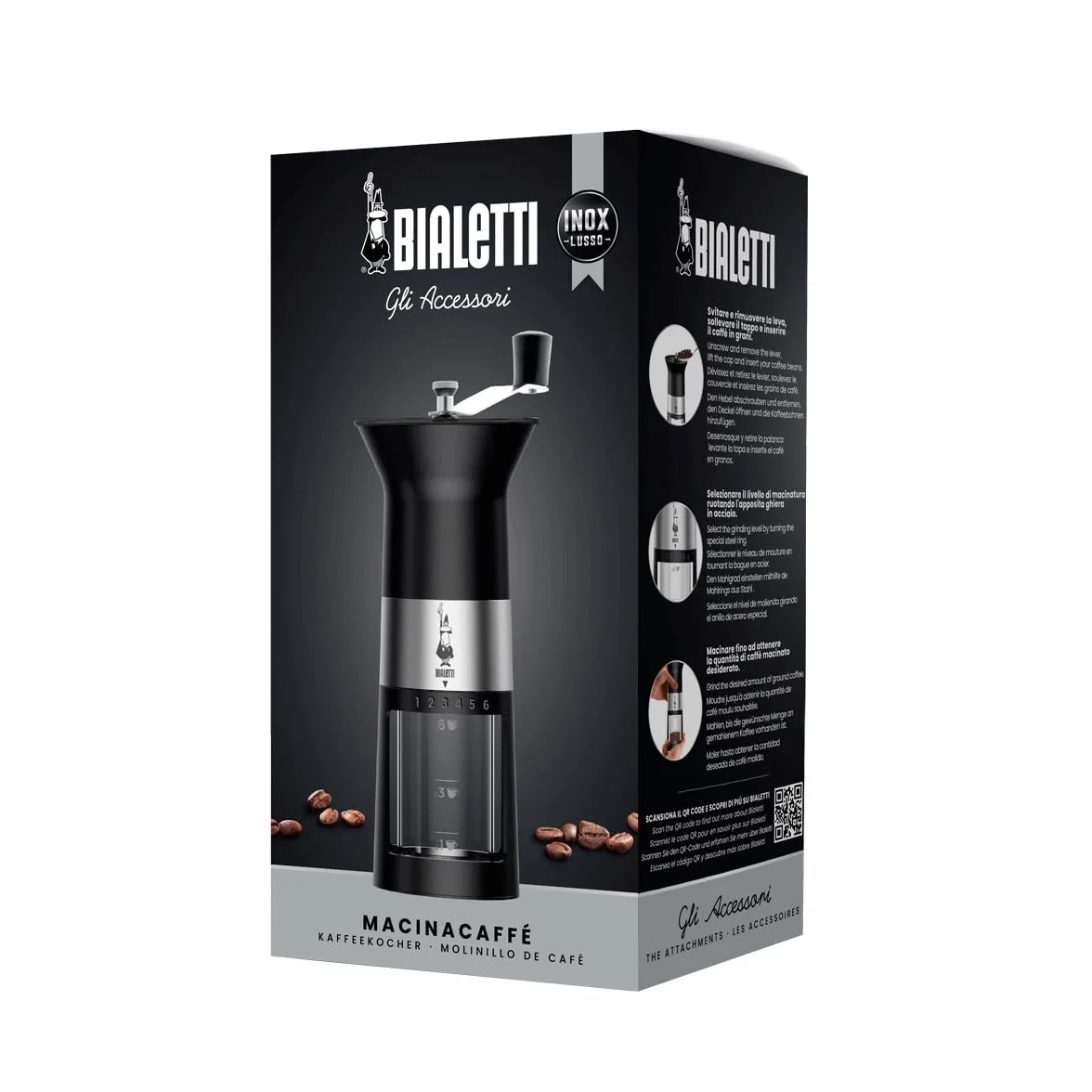 Bialetti Ręczny młynek do kawy, stal nierdzewna, czarny matowy