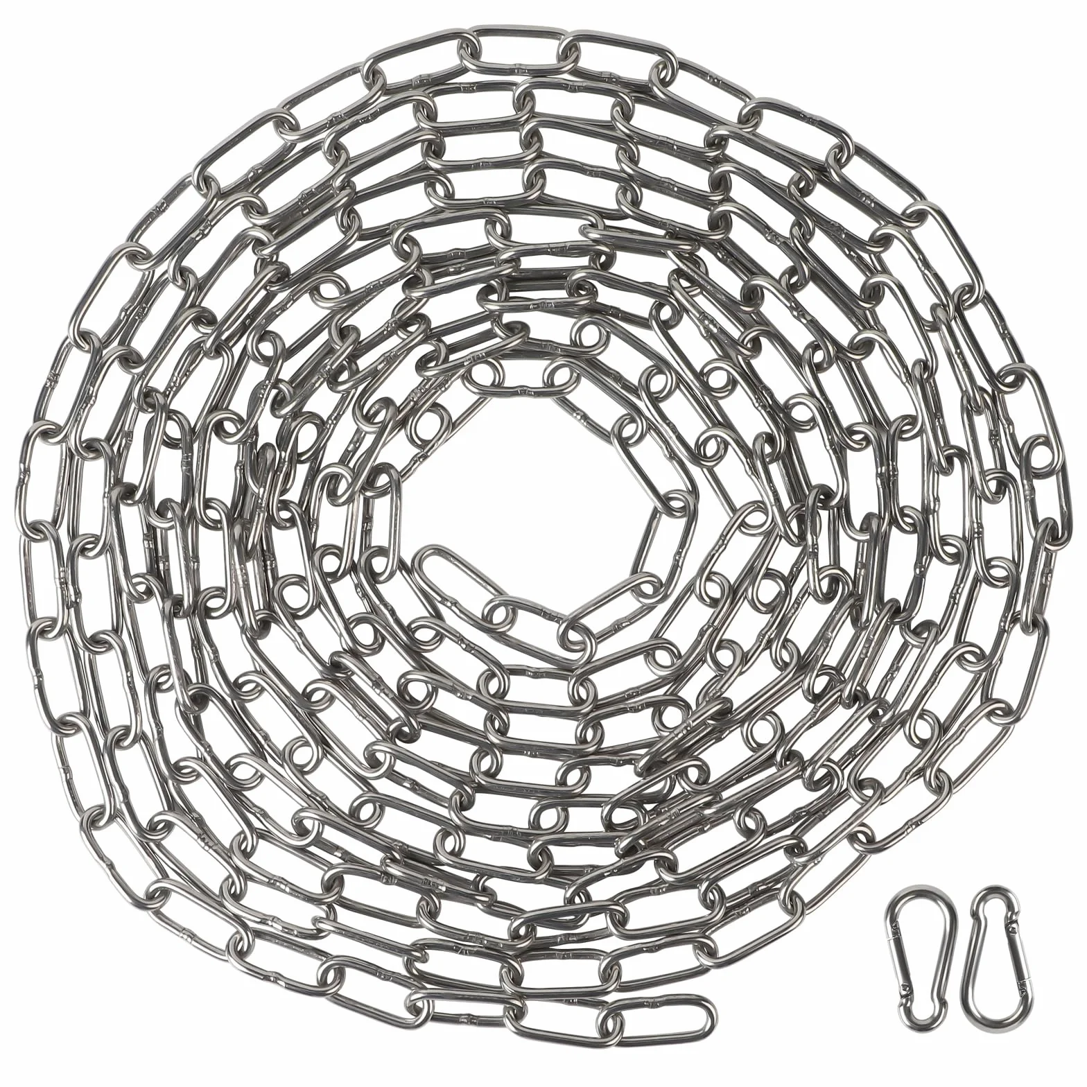 EXLECO Łańcuszek ze stali nierdzewnej 5 m, 3 mm, łańcuch ogniwowy, ozdobny, metalowy łańcuszek do zawieszenia, łańcuszek kotwiczny, okrągły łańcuszek z 2 karabińczykami, polerowany