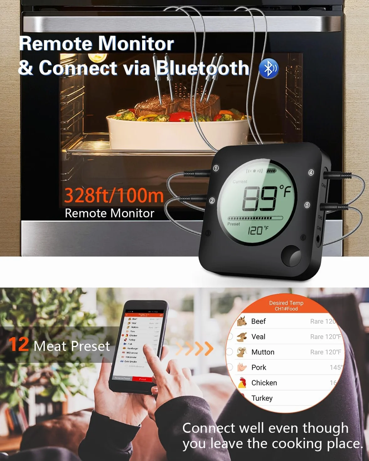 BFOUR termometr do pieczenia z funkcją Bluetooth, z zegarem, 4 czujnikami temperatury, sondą, cyfrowym termometrem do grilla, podświetleniem tła LED