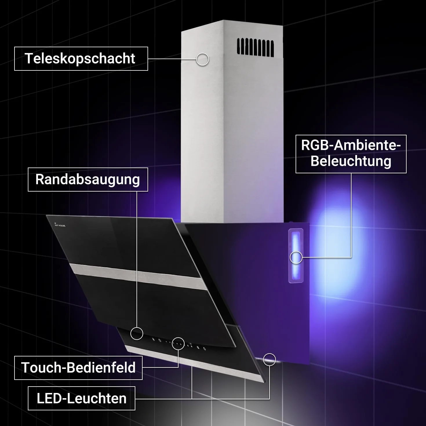 Okap kuchenny 90 cm | okap ścienny ze stali nierdzewnej | czarne szkło | WiFi | automatyczne wyłączanie | oświetlenie LED RGBW | sterowanie dotykowe | HERMES9005SM