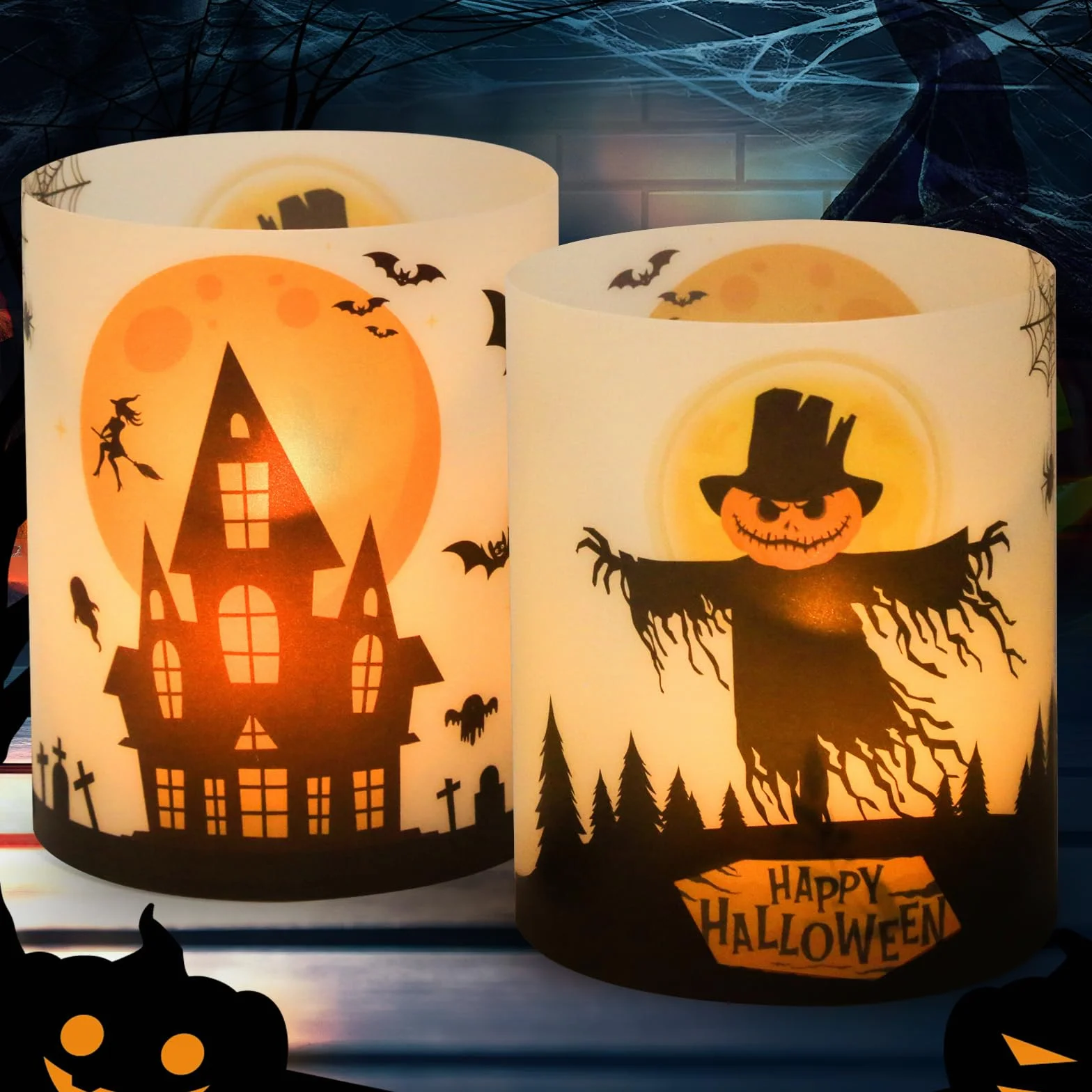 12 sztuk lampionów dekoracja stołu na Halloween, dekoracja stołu, nietoperze, czarownica, pajęczyny, zamki na Halloween, dekoracja świec, do wewnątrz i na zewnątrz