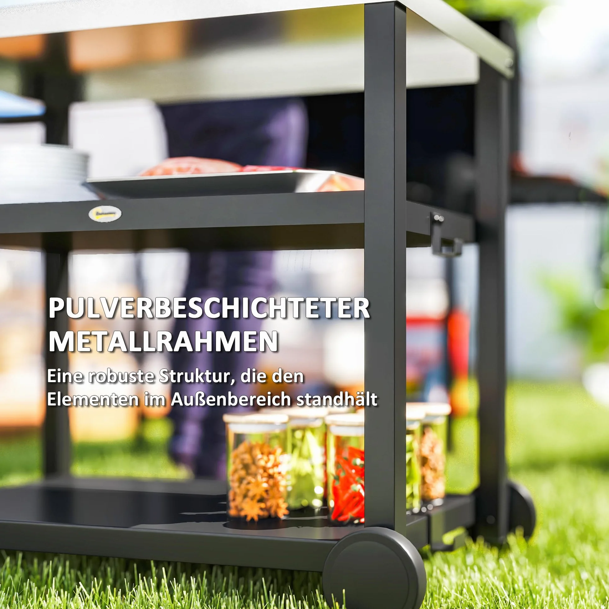Outsunny Grill na kółkach, 3-poziomowy, wózek do serwowania z powierzchnią roboczą, półkami, hakami, kółkami, stal nierdzewna, stolik do grilla, stolik pomocniczy, wózek na kółkach do użytku na