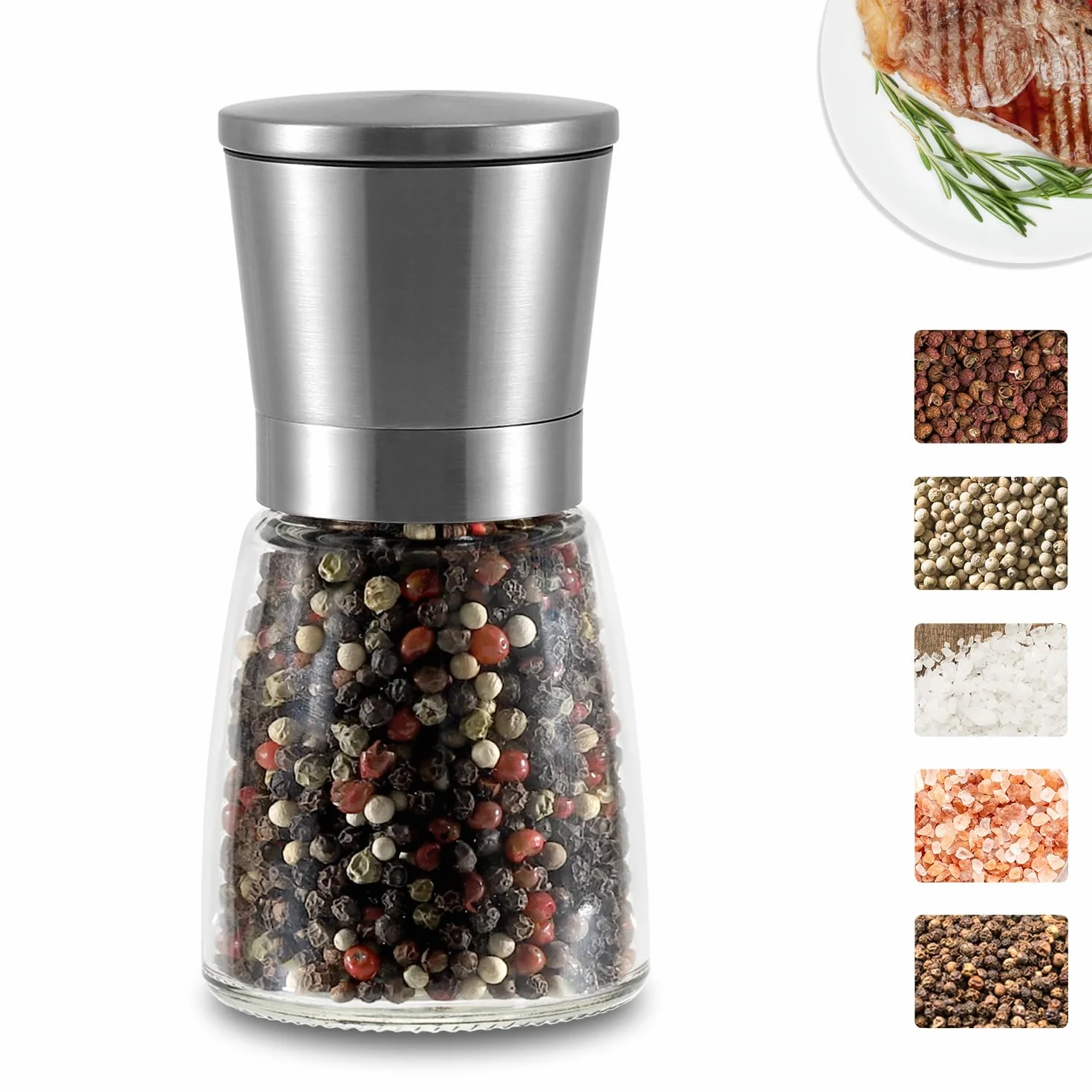 2 sztuki stalowych młynków do soli i pieprzu, młynki do pieprzu, posypywacze do soli, ceramiczny grinder, regulowany ceramiczny mechanizm mielenia dla precyzyjnego smaku jako posypywacze do soli i pie