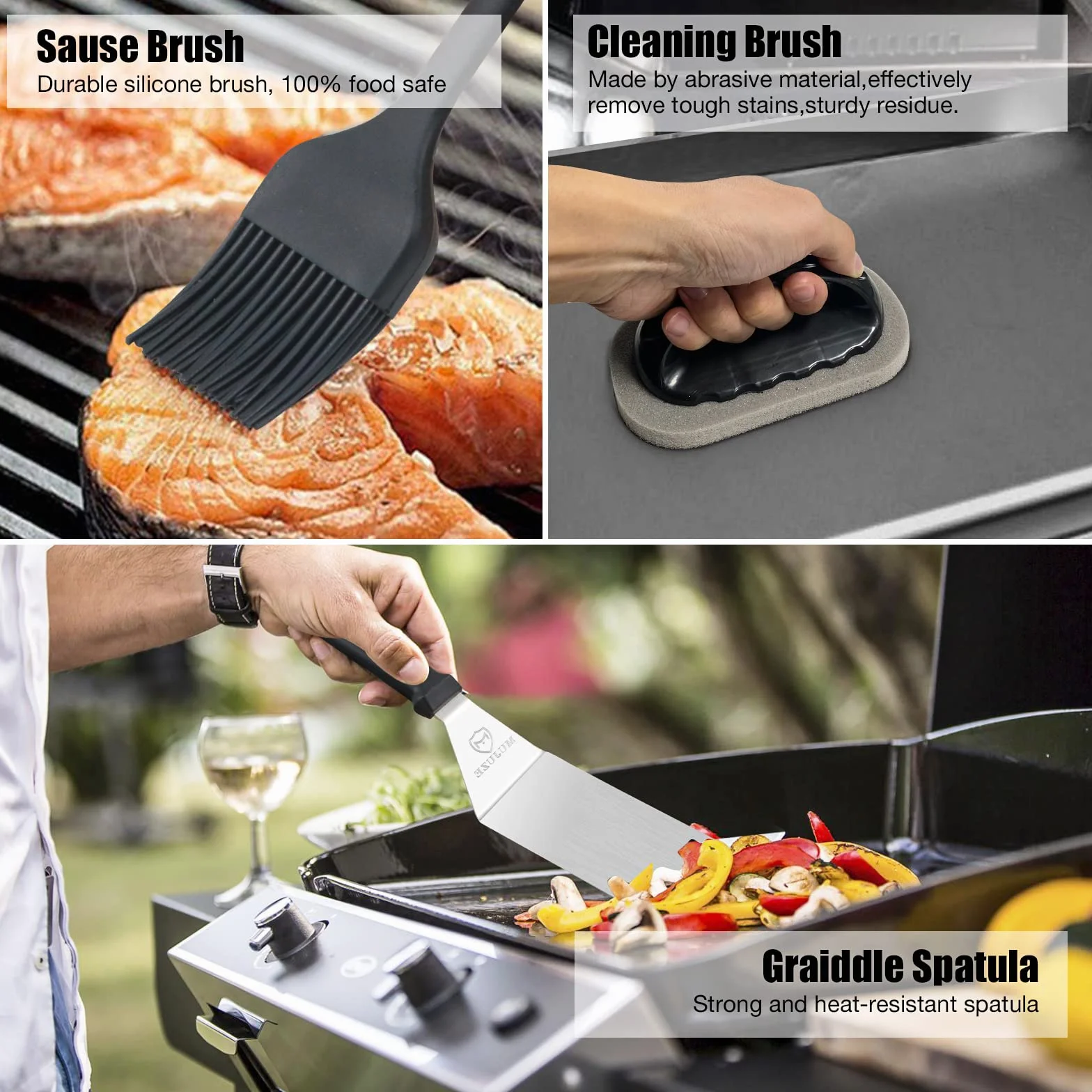 MUJUZE Zestaw szpatułek do grilla ze stali nierdzewnej dla mężczyzn i taty, profesjonalne szpatułki do grilla, akcesoria do grilla w walizce, do teppanyaki i kempingu