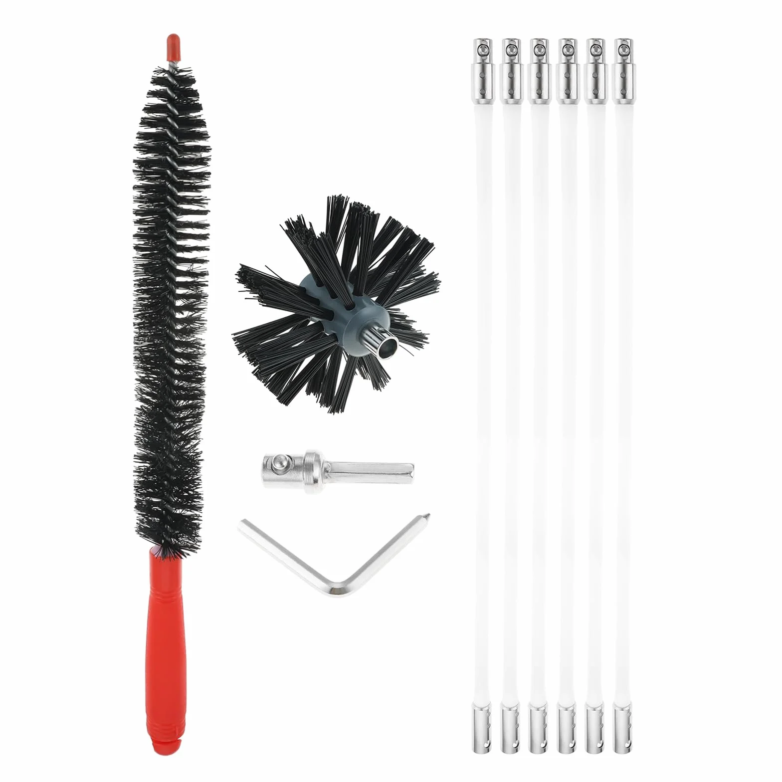 DRELD Zestaw szczotek kominkowych, 10 sztuk, szczotka kominowa, zestaw szczotek kominowych, 6 elastycznych prętów 410 mm/Pro, 1 głowica szczotki Ø 100 mm, 1 długa szczotka, 2 akcesoria