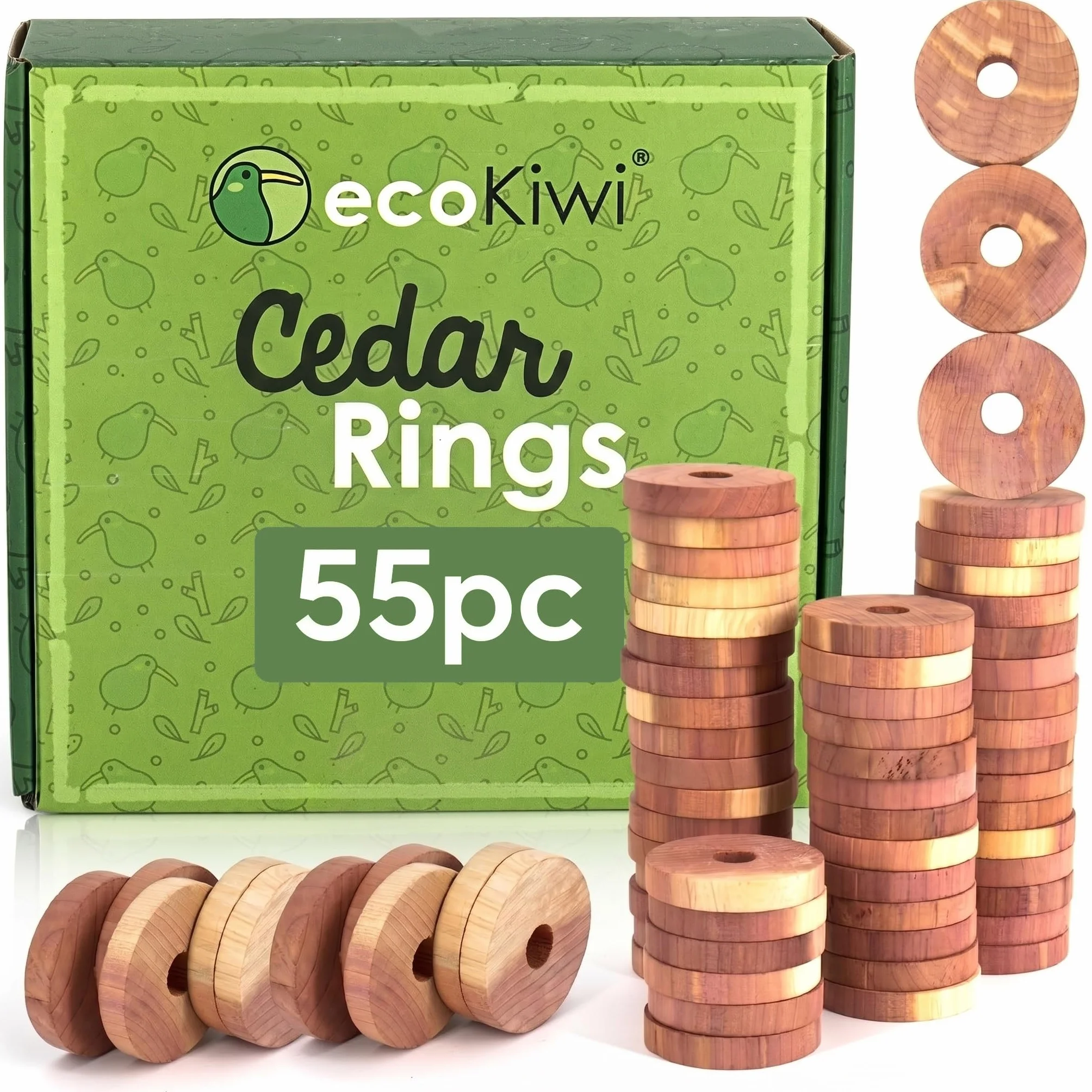 ecoKiwi Odstraszacz moli, pierścienie cedrowe, 55 sztuk, 100% naturalne kulki cedrowe, produkty przeciw molom, olejki cedrowe, odstraszacz moli, do pokoi i ubrań, kulki na ćmy, do szafy, z papierem