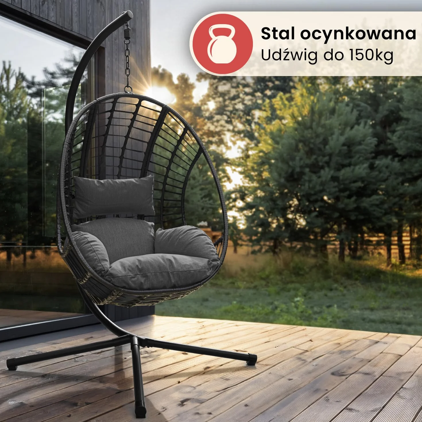 Fotel wiszący Swoods XXL Egg - Fotel wiszący ze stojakiem - Do wnętrz i na zewnątrz - Zawiera poduszki - Odporny na warunki atmosferyczne - Fotel Egg - do 150 kg (Ciemnoszary)