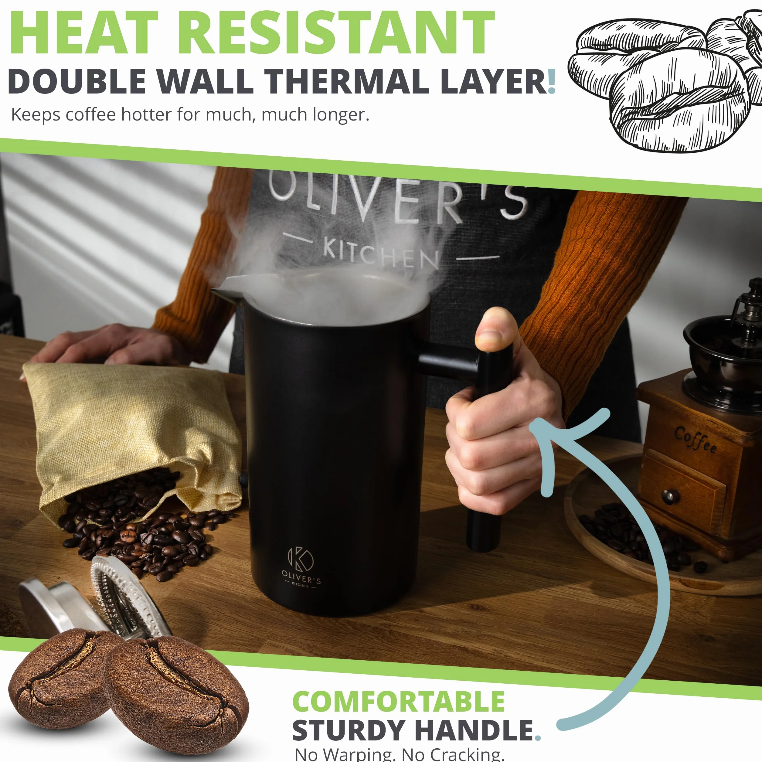 Oliver's Kitchen® French Press 1 litr - Zaparzacz do Kawy Tłokowy z Podwójną Izolacją Termiczną