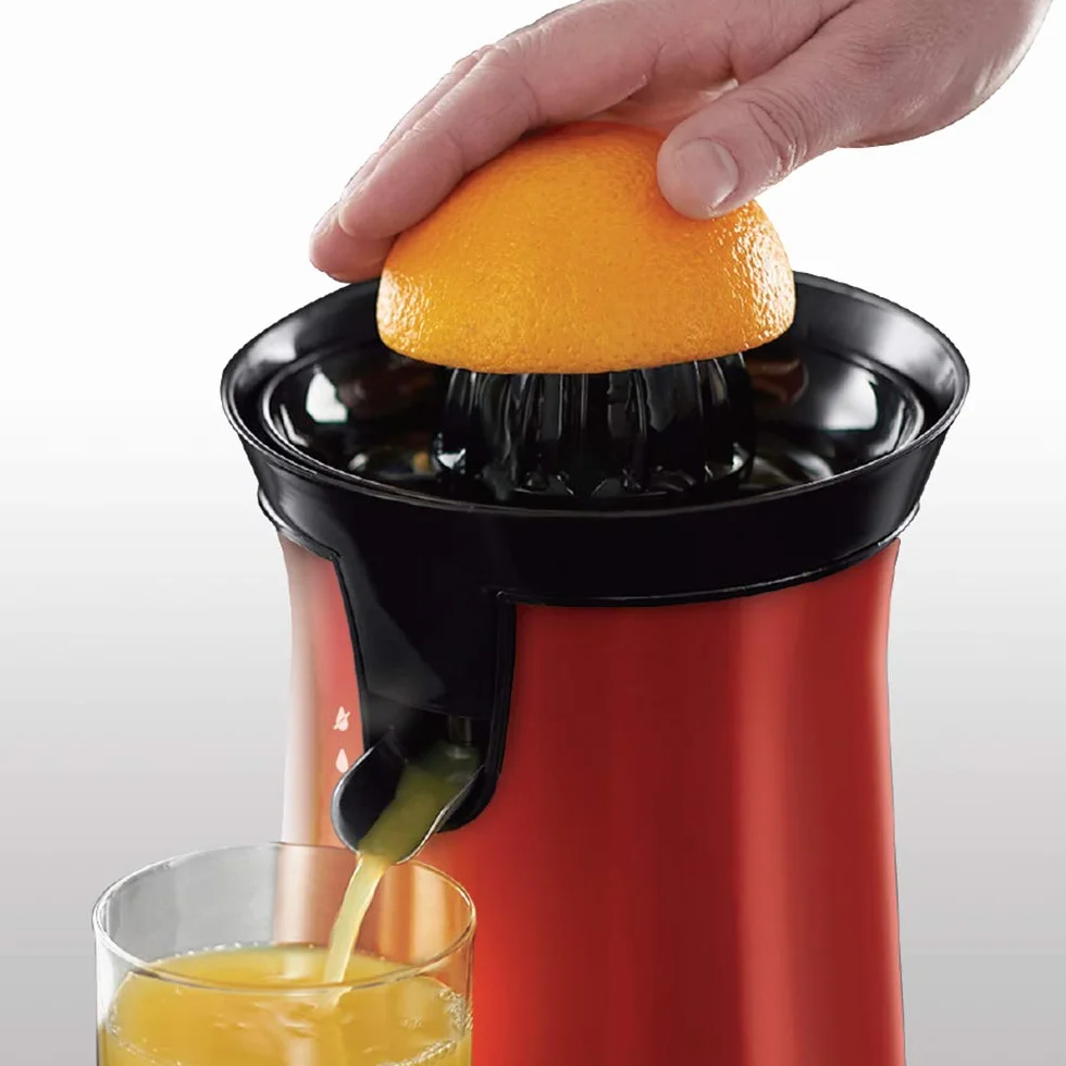 Russell Hobbs wyciskarka do soku, 2 stożki do wszystkich rodzajów cytrusów, start pod wpływem nacisku, funkcja blokady kapania, schowek na przewód, moc 60W, czerwony, Colour Plus 26010-56