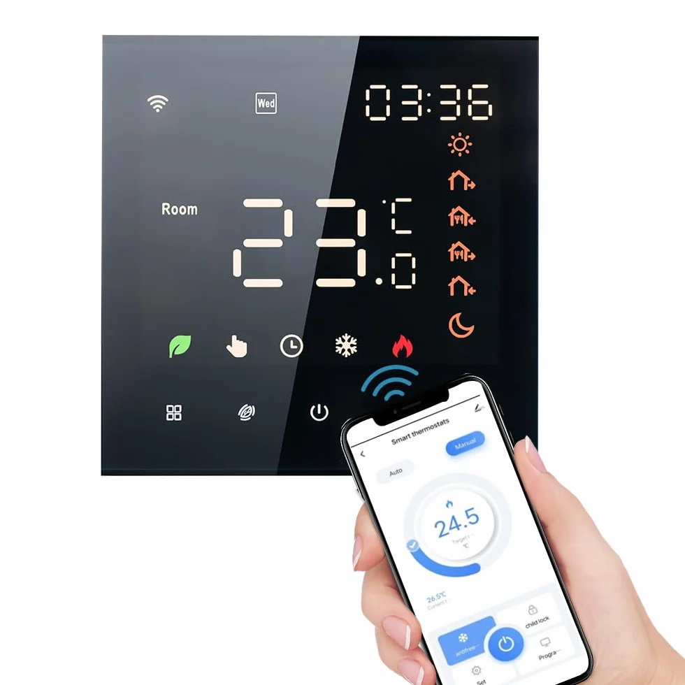 Aoresac Inteligentny termostat, Wi-Fi, programowalny, do ogrzewania podłogowego, wody, kompatybilny z , -Home, 3A, ekran dotykowy LCD, czarny
