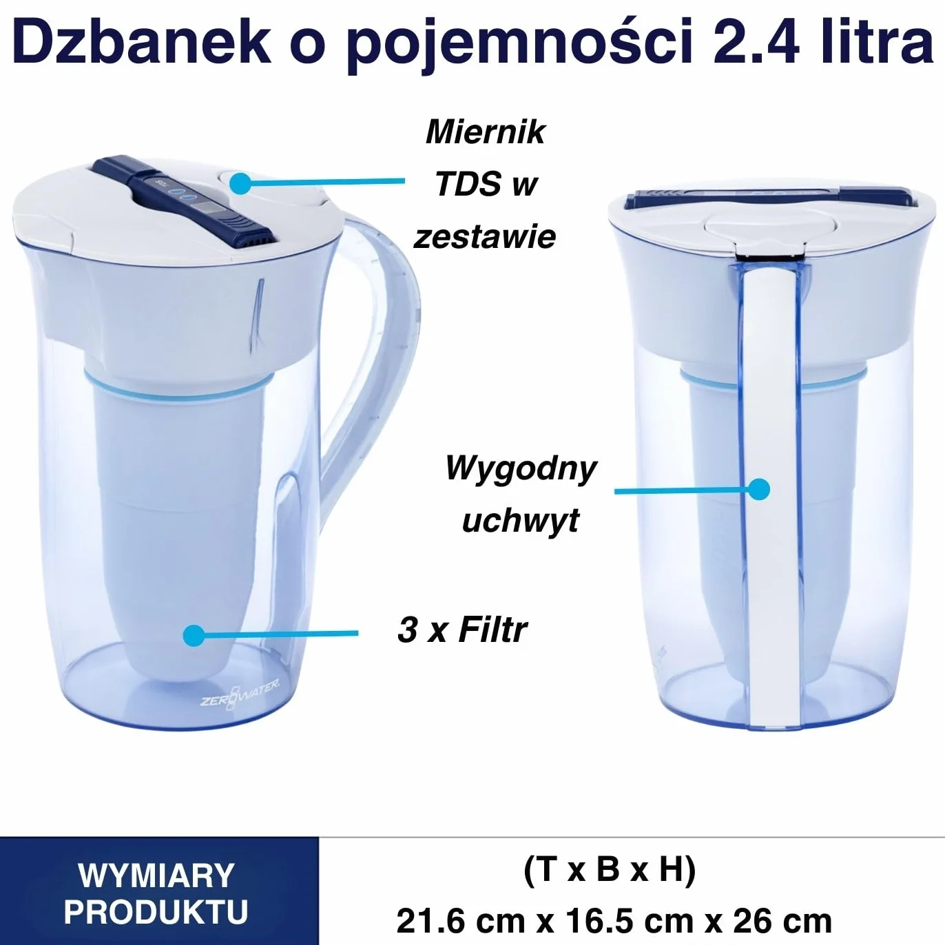 ZeroWater Zestaw filtrów do wody 2,4 l okrągły dzbanek 3 wkłady filtrujące miernik jakości wody BPA NSF