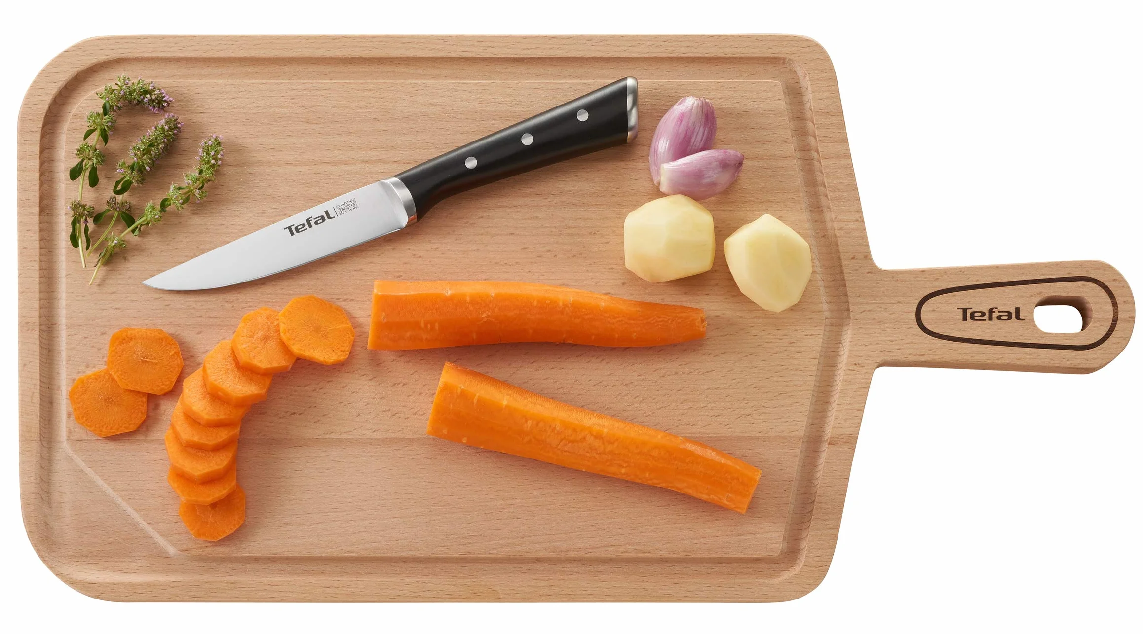 TEFAL Ice Force K232S574, Zestaw 5 noży w drewnianym bloku, Wyjątkowa trwałość i skuteczność, Nóż szefa kuchni 20cm, Nóż do chleba 20cm, Nóż Santoku 18cm, Nóż uniwersalny 11cm, Nóż do warzyw 9cm