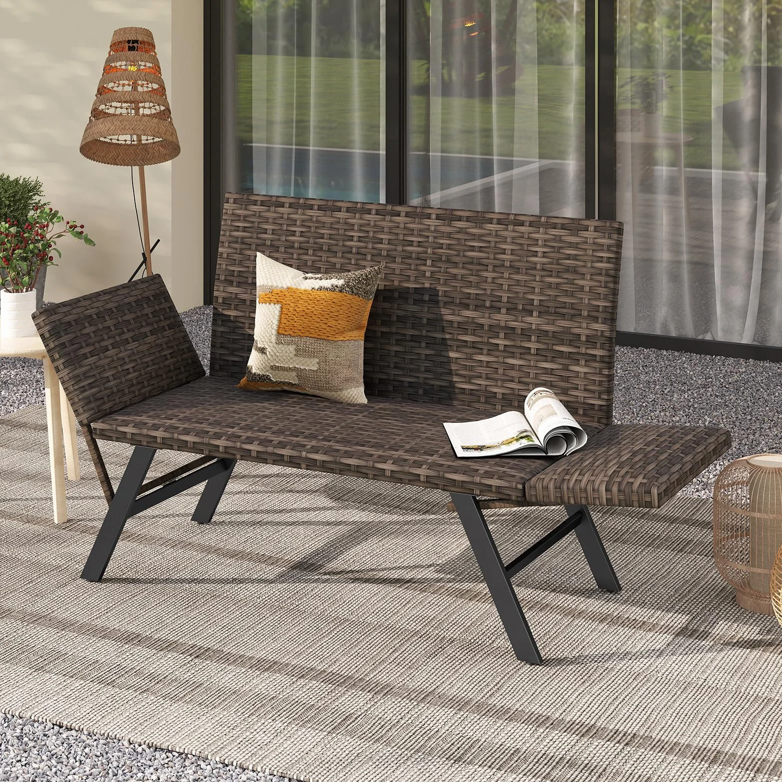 GIANTEX 2-osobowa rattanowa sofa ogrodowa, rozkładana ławka ogrodowa z regulowanymi podłokietnikami, pleciona konstrukcja, długość 163–178 cm, obciążenie 300 kg, leżanka ogrodowa na taras