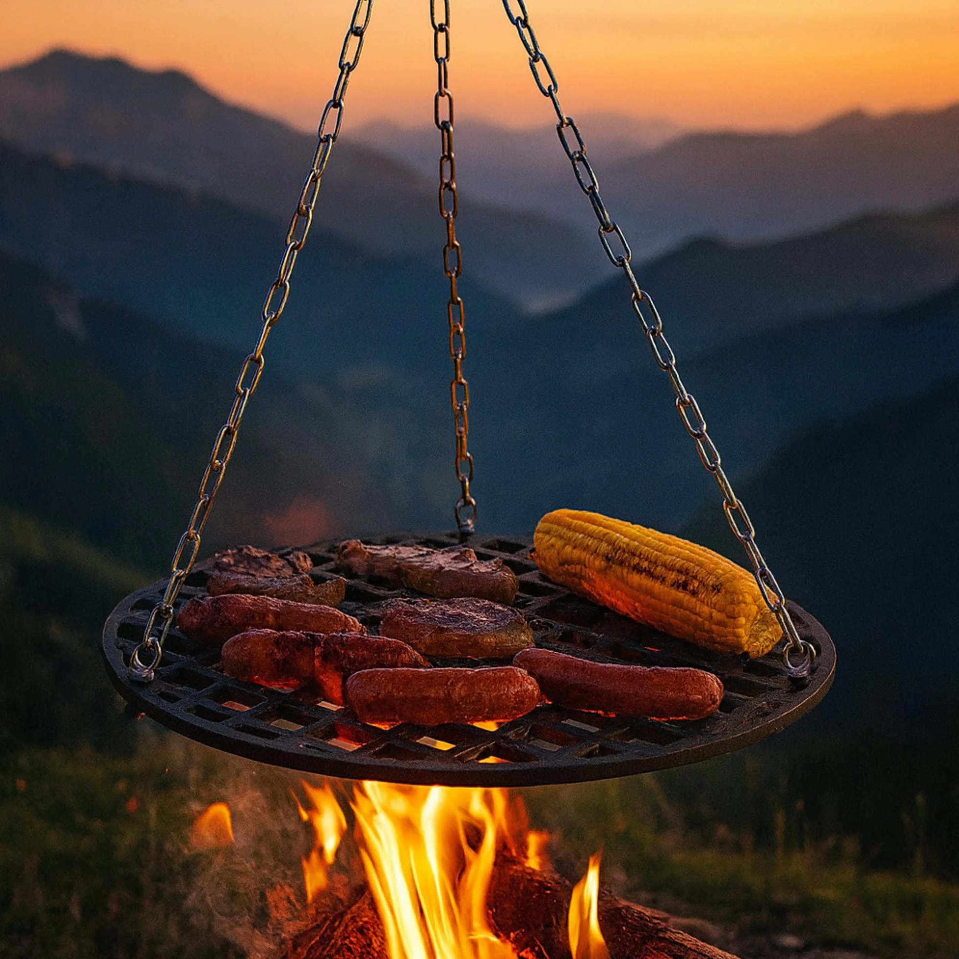 BBQ-Toro Żeliwny ruszt do grillowania, okrągły, Ø 54 cm, już wypalony, wstępnie wypalony, ruszt do użytku na zewnątrz, ruszt do grillowania z zawieszeniem linowym, wiszący ruszt do grilla obrotowego