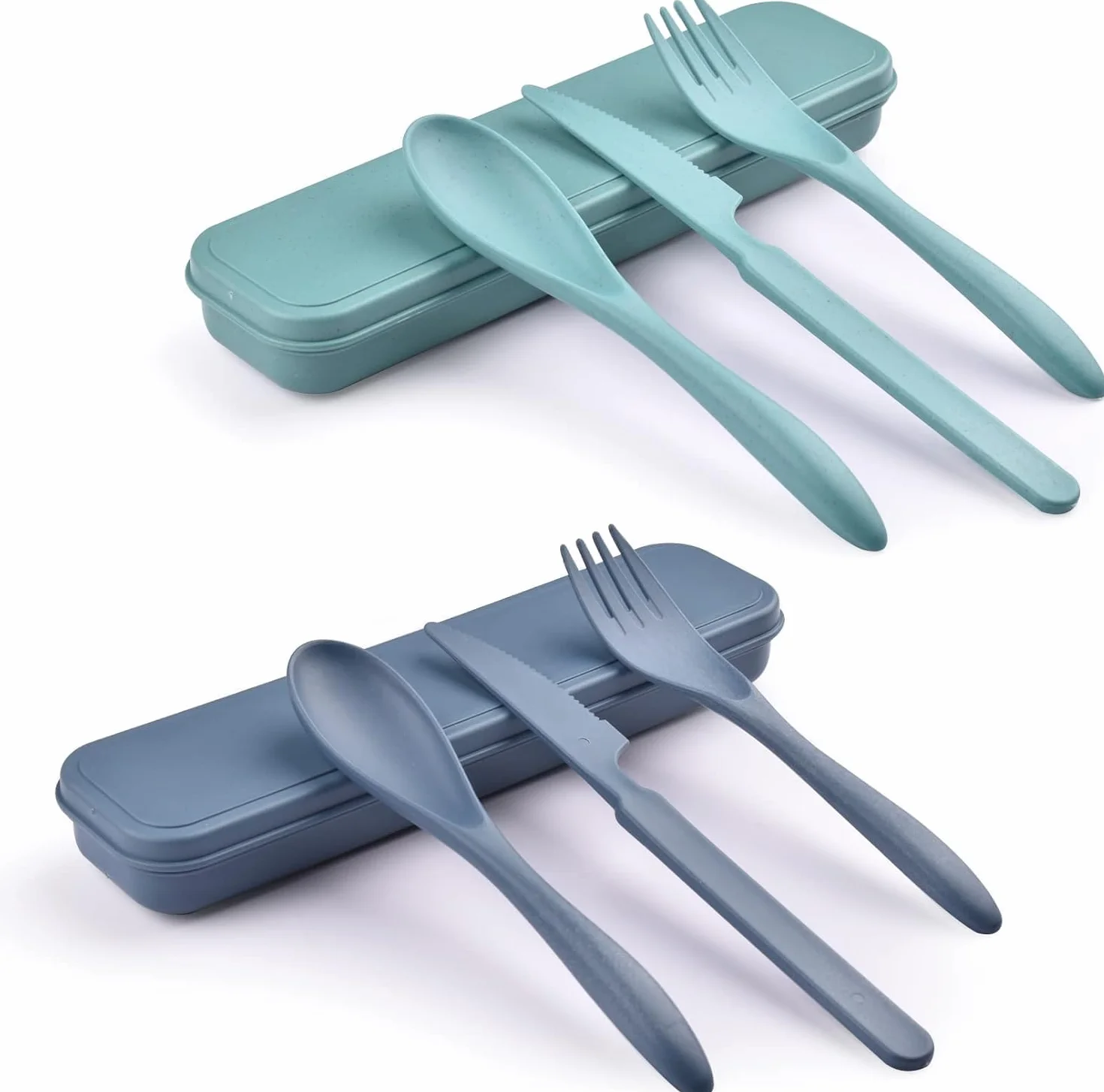 Zestaw sztućców podróżnych wielokrotnego użytku z etui, widelec nóż łyżka, plastikowy, niebieski zielony