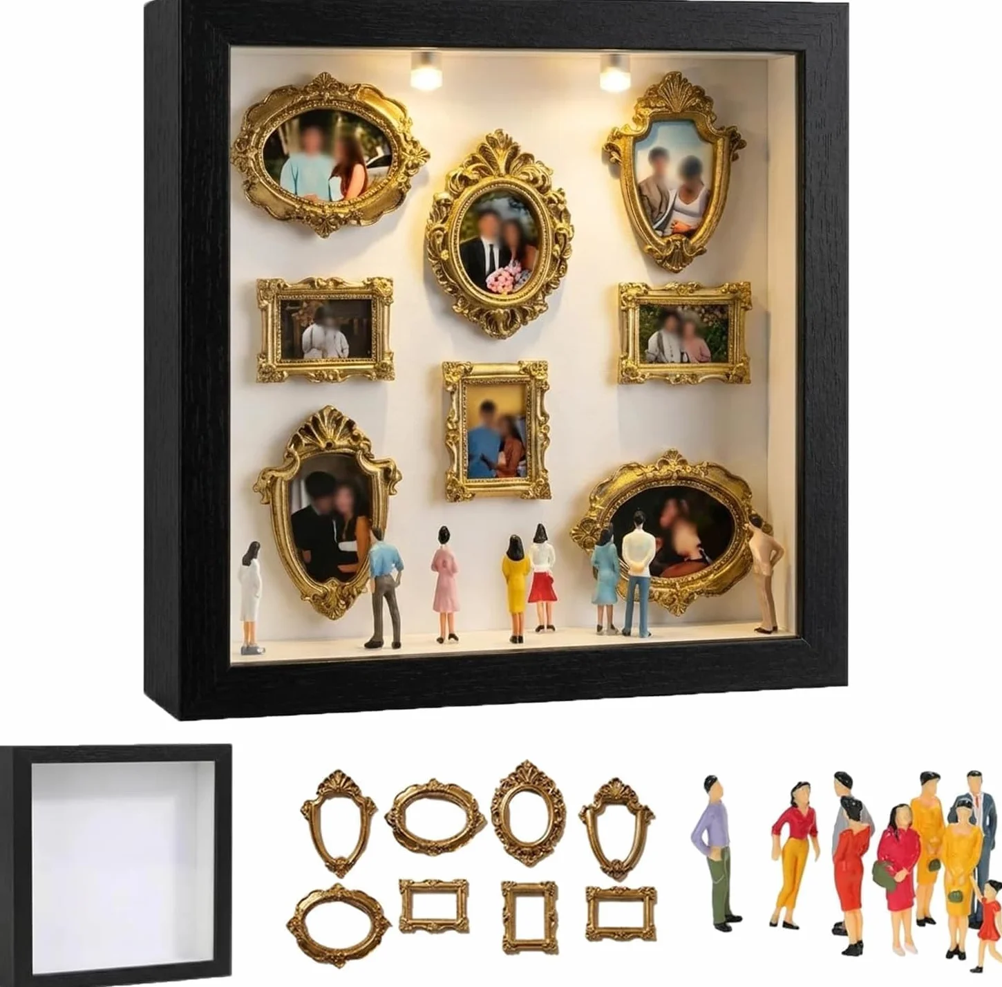Mini muzealne pudełko "zrób to sam", 8 cali, mini muzeum sylwetki, zestaw "zrób to sam", 8 mini złotych ramek i 8 losowych figurek, kreatywna ramka na zdjęcia ze światłem LED, pomysł na prezent