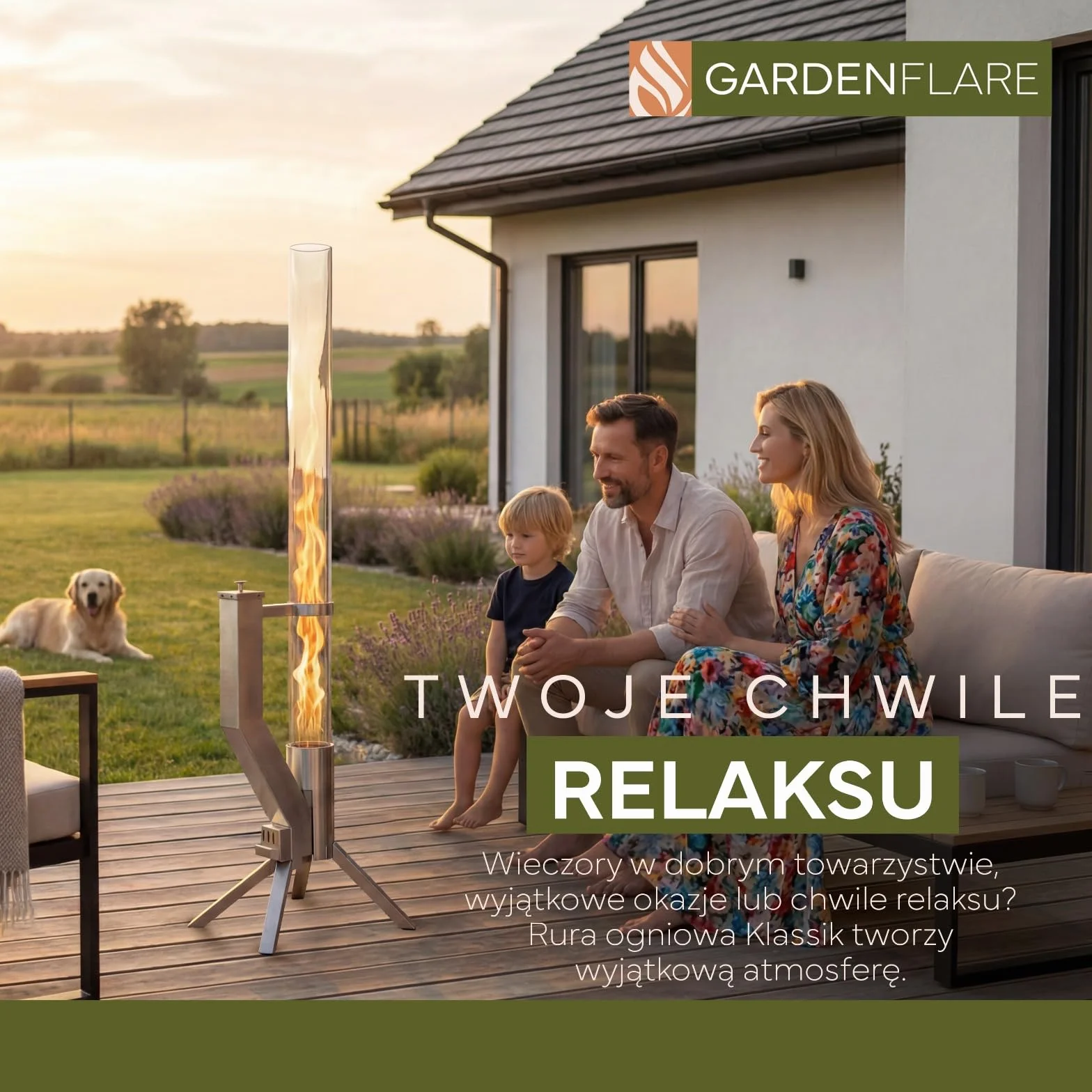 GARDENFLARE Elegancka kolumna ogniowa ze stali nierdzewnej, pelletowa pochodnia do ogrodu i na taras – Alternatywa dla kominka ogrodowego i ogrzewacza tarasowego (srebrny)