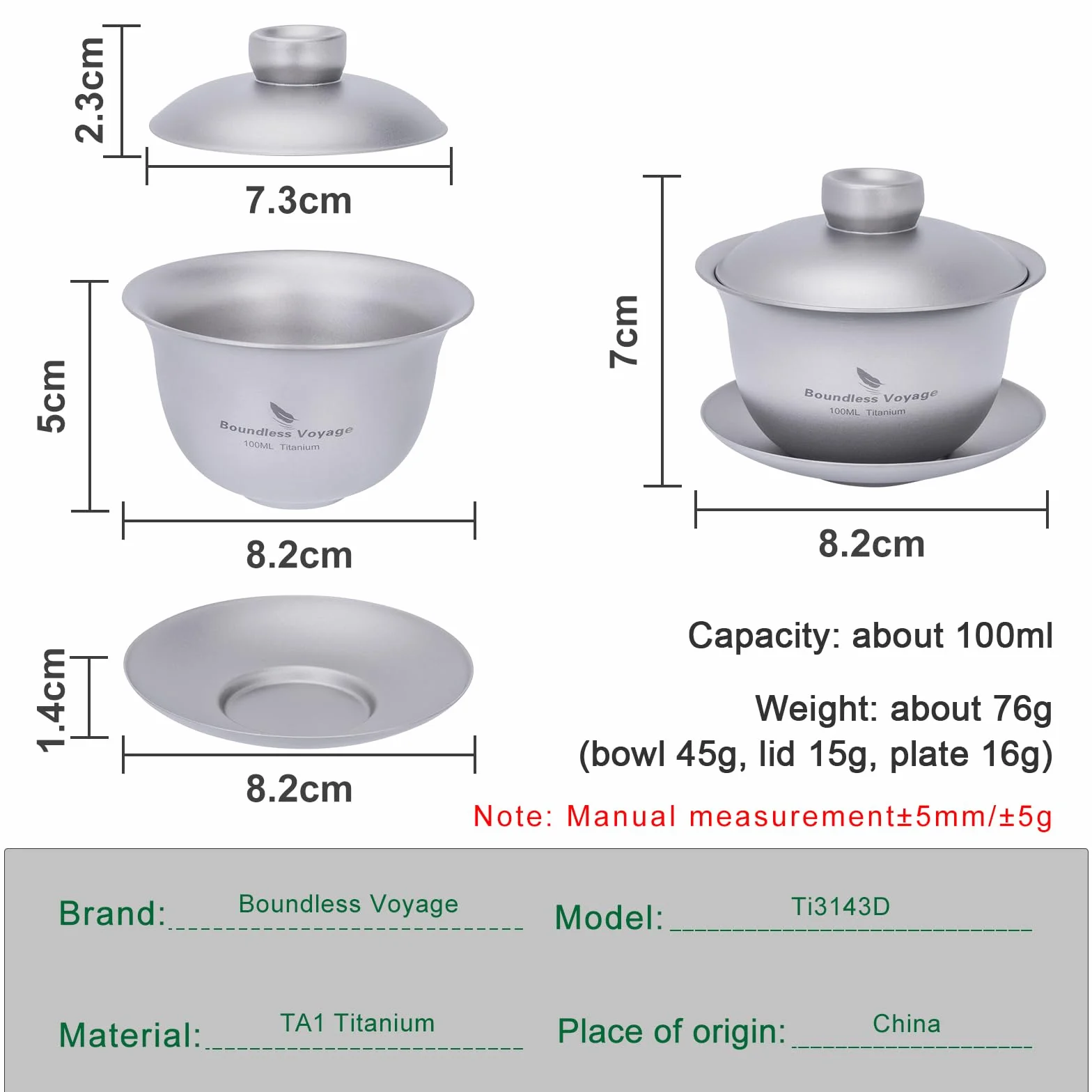 Boundless Voyage Tytanowa Filiżanka do Herbaty z Podwójnymi Ściankami Chiński Tradycyjny Gaiwan Zestaw Ti3143D