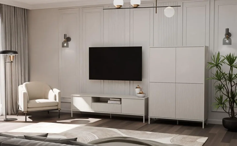ADGO – Szafka RTV – Kaszmir – 164 x 47 x 40 cm (szer. x wys. x głęb.) – Szafka pod Telewizor z Szufladą, Drzwiczkami i Półką do Salonu – Ryflowany Front – Model KAMARO 160