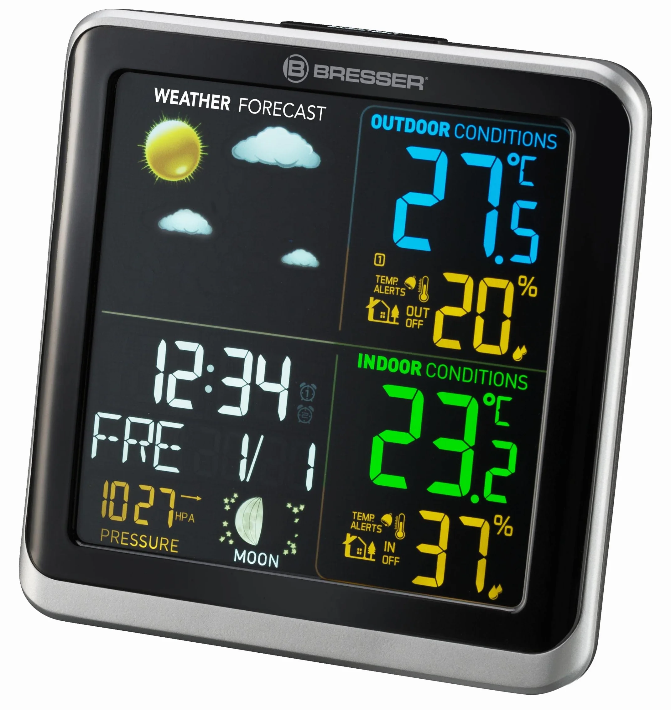 Bresser 7007201 radiowa stacja pogodowa z czujnikiem zewnętrznym ClimaTemp TB stacja pogodowa z kolorowym wyświetlaczem LCD i dwoma czasami budzenia, czarna/szara