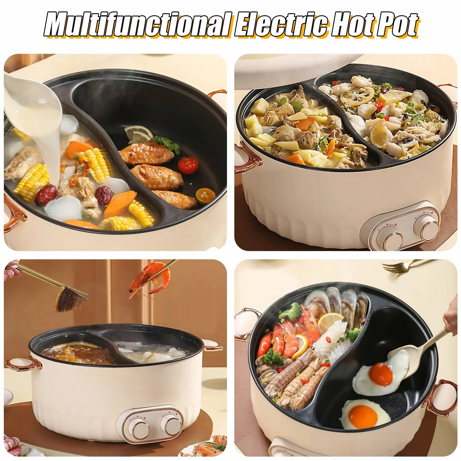 Hotpot elektryczny garnek 6L, 2000 W, przenośna, wielofunkcyjna, nieprzywierająca patelnia z szybkim ogrzewaniem i podwójnym pokrętłem, do mieszkania, na kemping