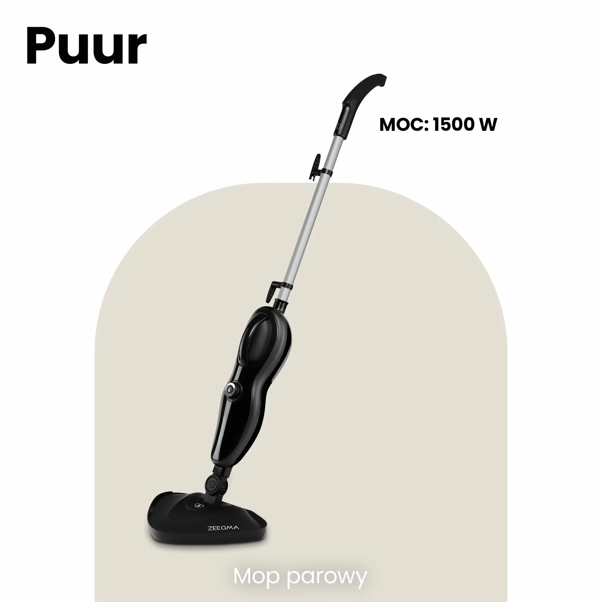 ZEEGMA Puur mop parowy, funkcja myjki, regulacja strumienia pary, 19 ml/min, moc 1500 W, przewód 5 m, 2 filtry i 7 wymiennych końcówek w zestawie, wyjmowany zbiornik na wodę 370 ml