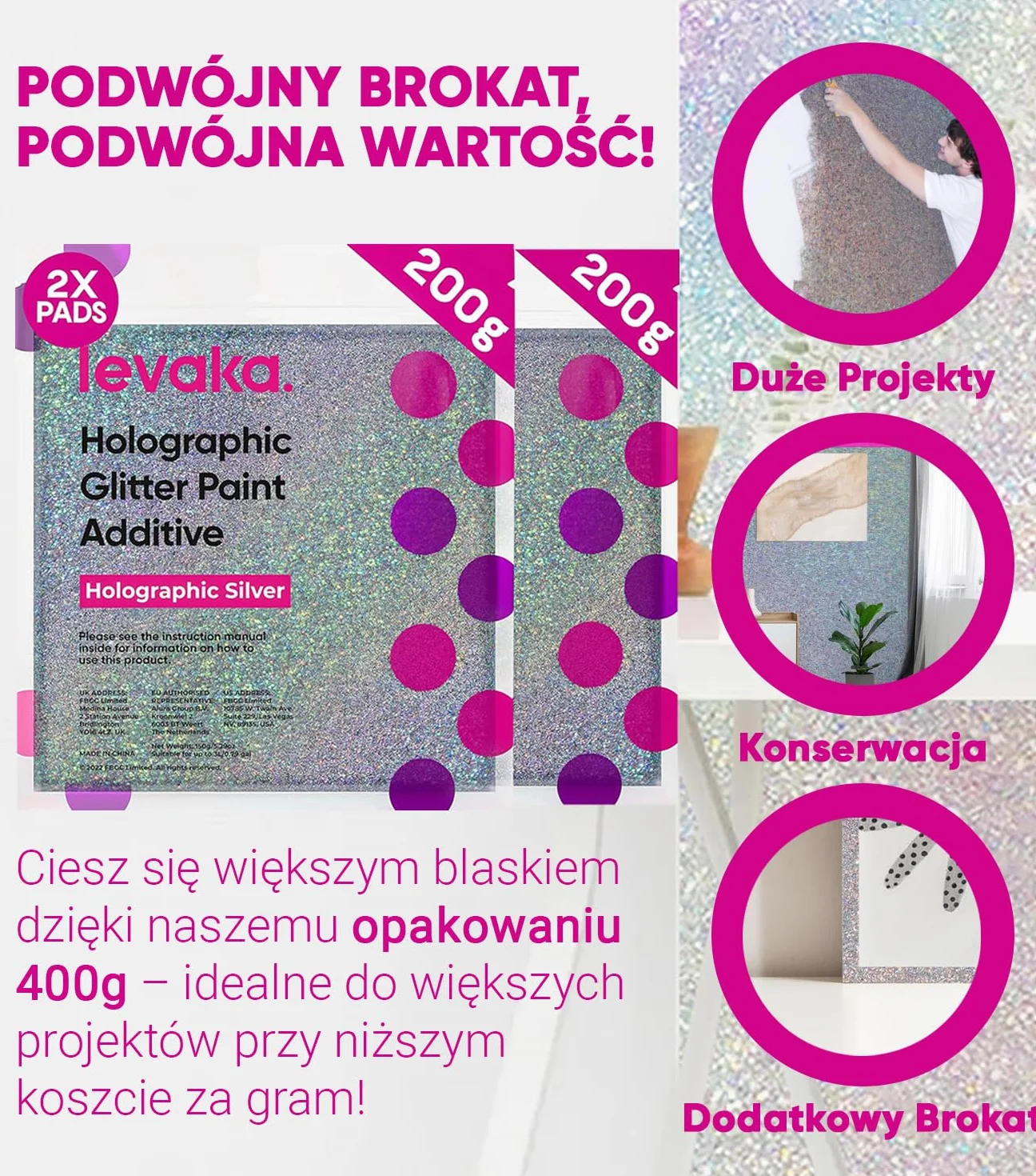 400g Holograficzny Srebrny Brokat do Farby – 2 x Nakładki Polerujące – Brokat do Ścian Mieszalny z Każdym Rodzajem Farby Emulsyjnej – Lśniące Brokatowe Ściany Wewnątrz i na Zewnątrz, Sufity, Drewno