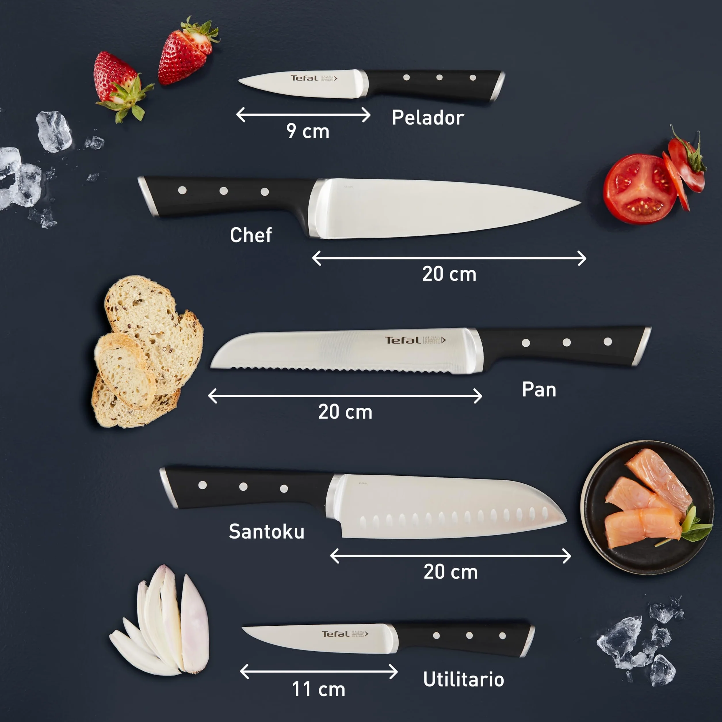 TEFAL Ice Force K232S574, Zestaw 5 noży w drewnianym bloku, Wyjątkowa trwałość i skuteczność, Nóż szefa kuchni 20cm, Nóż do chleba 20cm, Nóż Santoku 18cm, Nóż uniwersalny 11cm, Nóż do warzyw 9cm