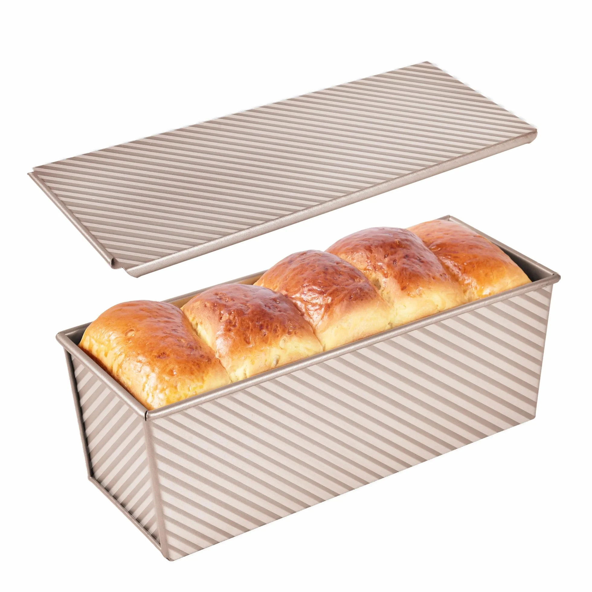 Forma do chleba Pullman z pokrywką 1 kg, stal węglowa, nieprzywierająca, prostokątna, falista, szampańskie złoto