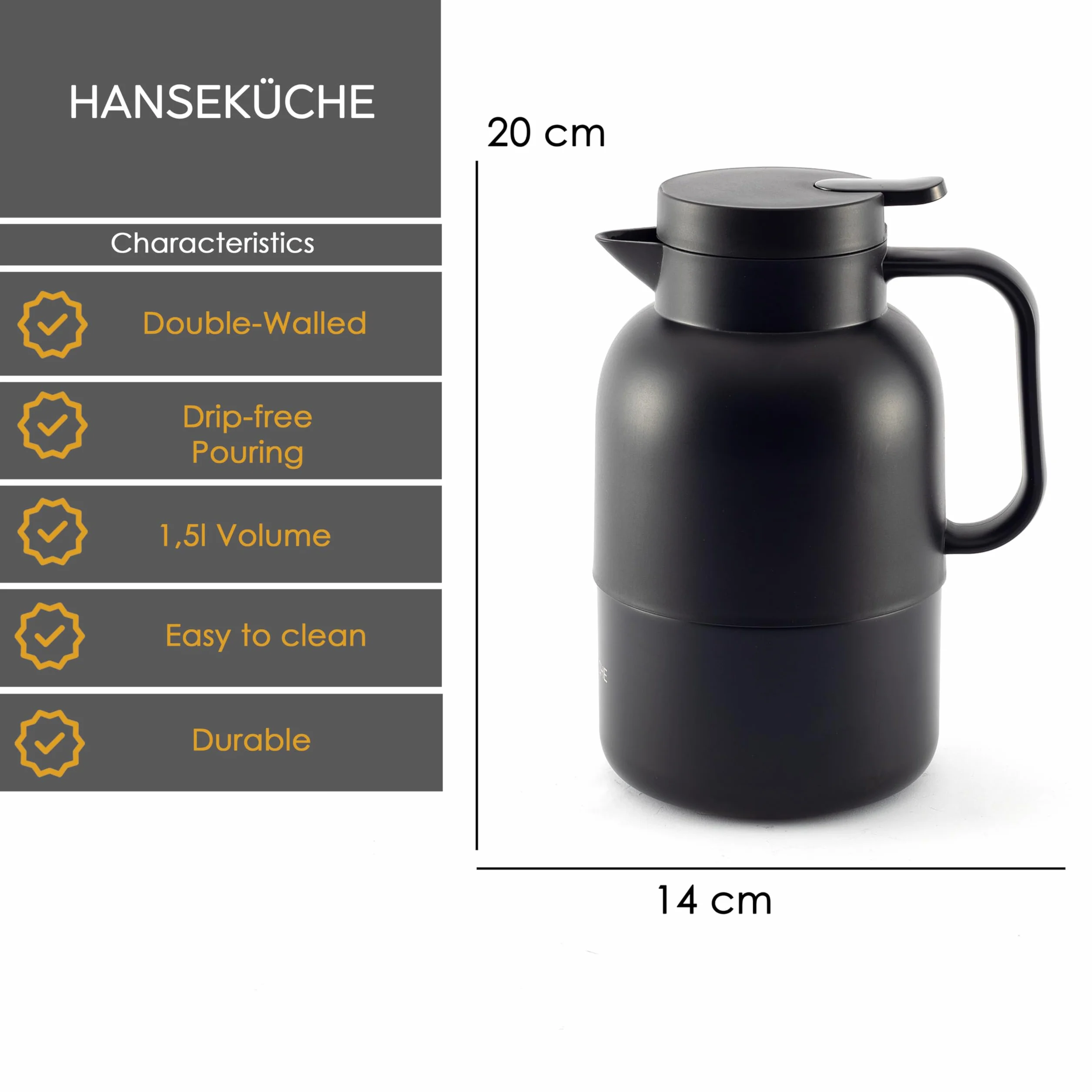 Hanseküche Termos 1,5 l stal nierdzewna 304 dzbanek izolacyjny czarny
